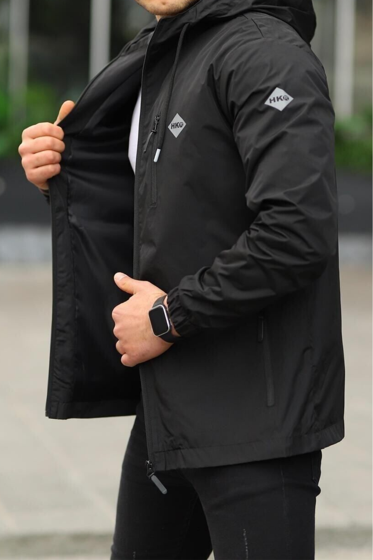 Erkek Astarlı Bol Cepli Siyah Rüzgarlık & Yağmurluk