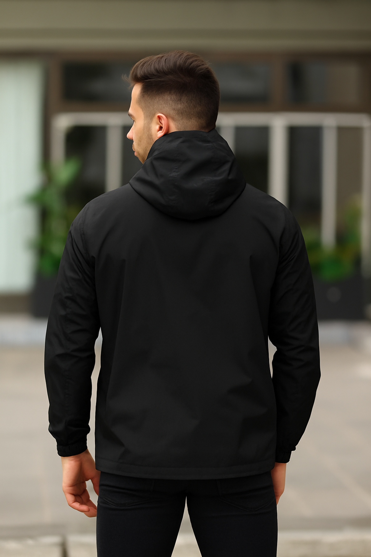 Erkek Astarlı Bol Cepli Siyah Rüzgarlık & Yağmurluk