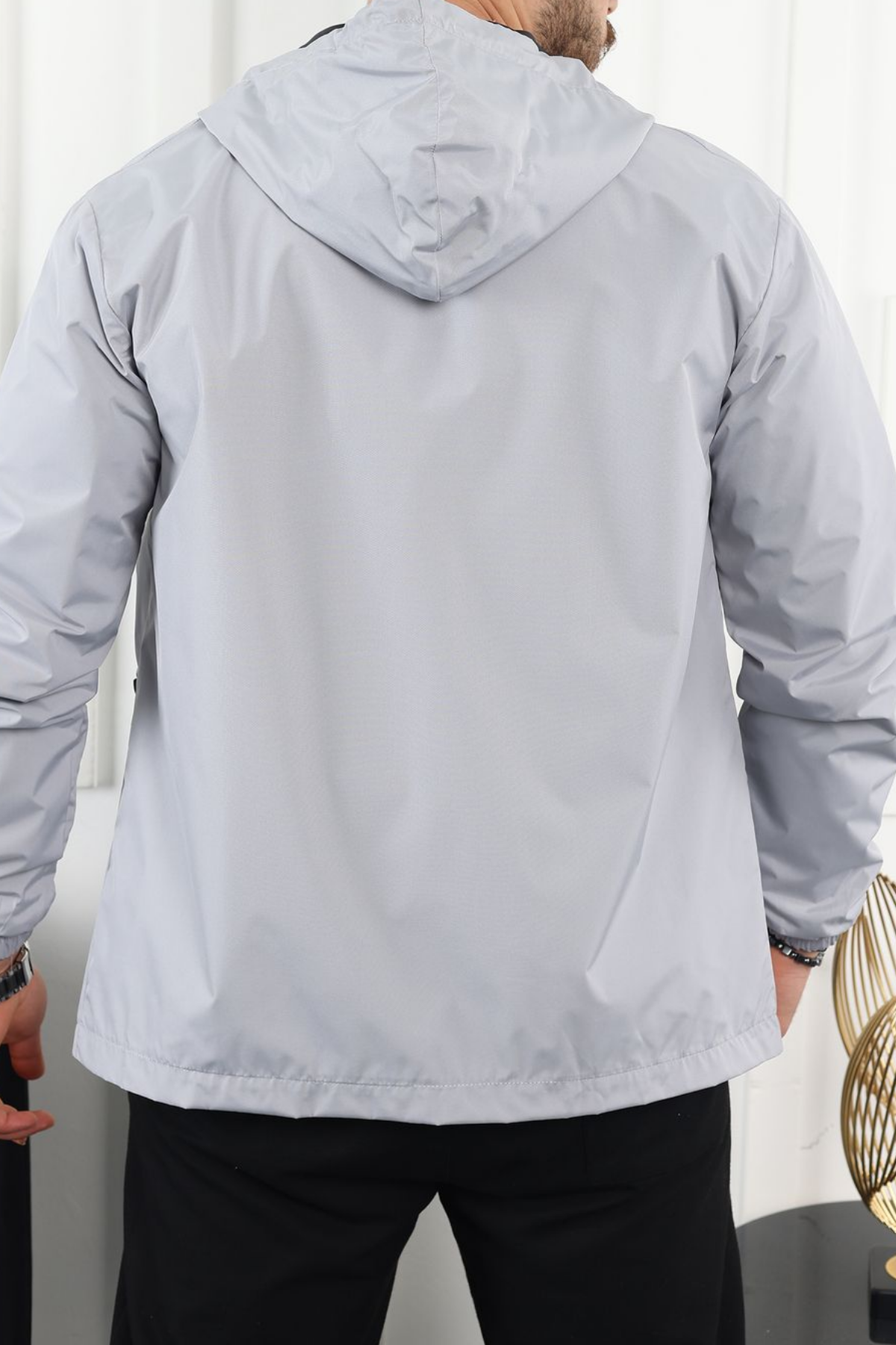 Erkek Astarlı Kapşonlu Gri Rüzgarlık & Yağmurluk