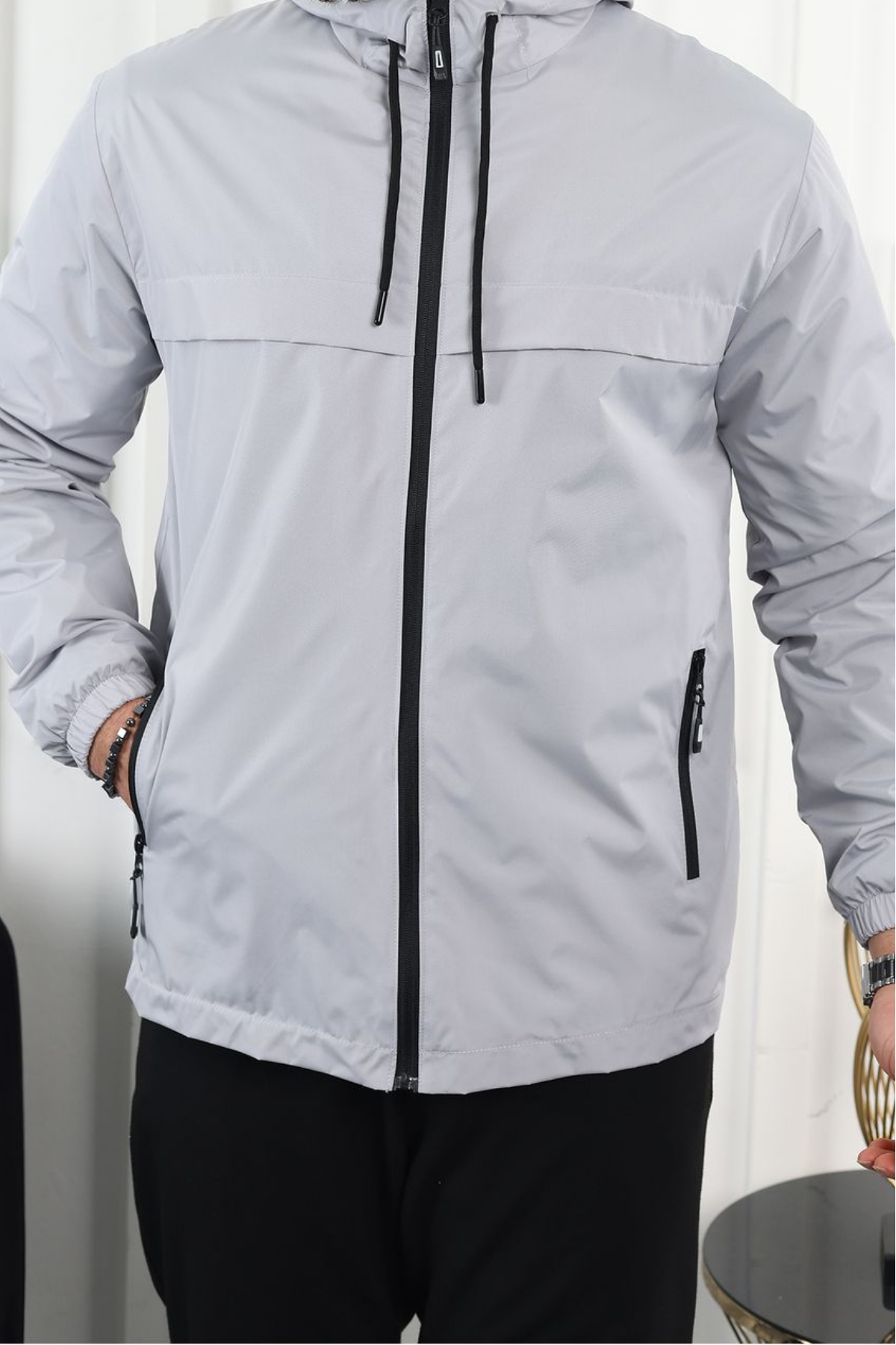 Erkek Astarlı Kapşonlu Gri Rüzgarlık & Yağmurluk