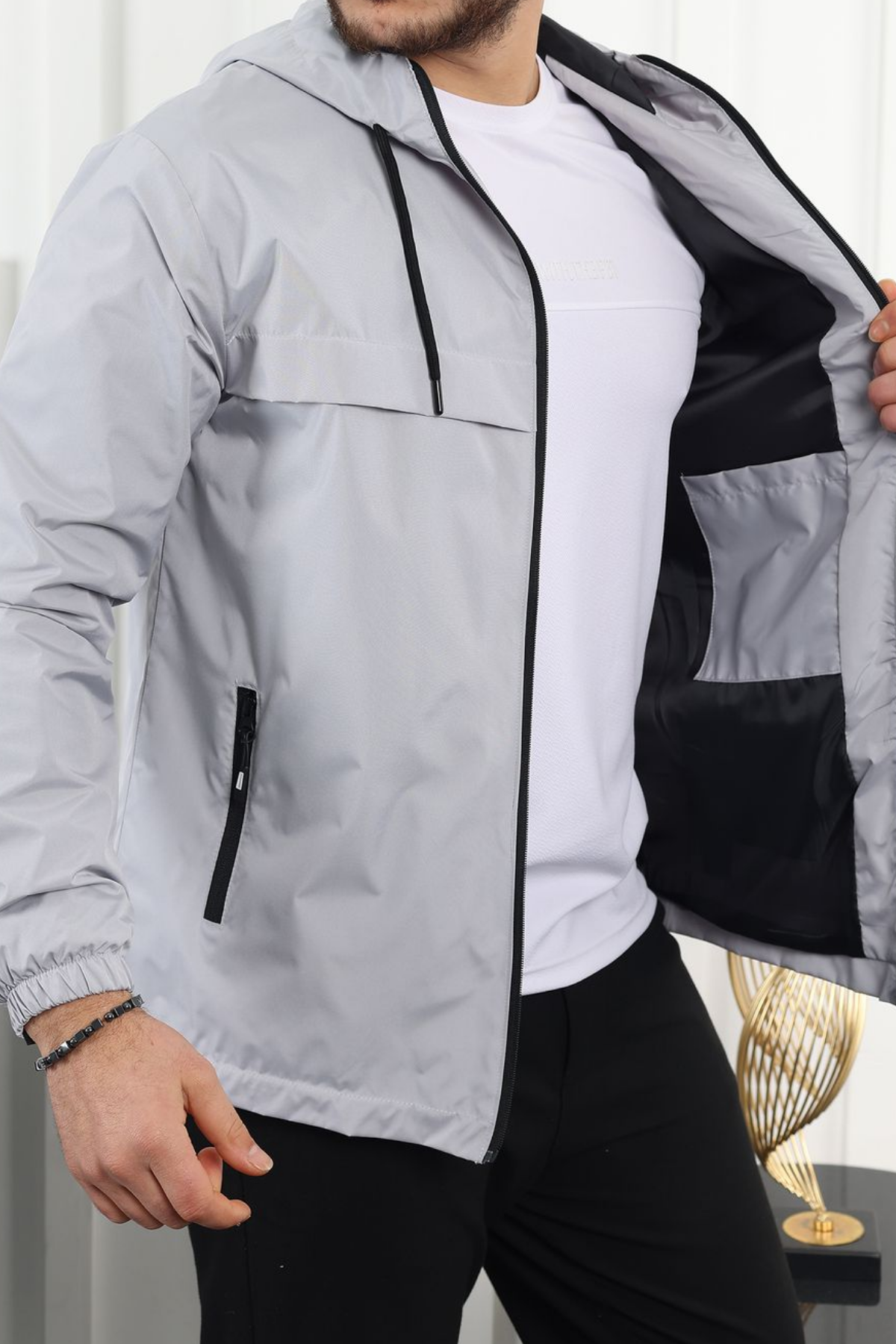 Erkek Astarlı Kapşonlu Gri Rüzgarlık & Yağmurluk