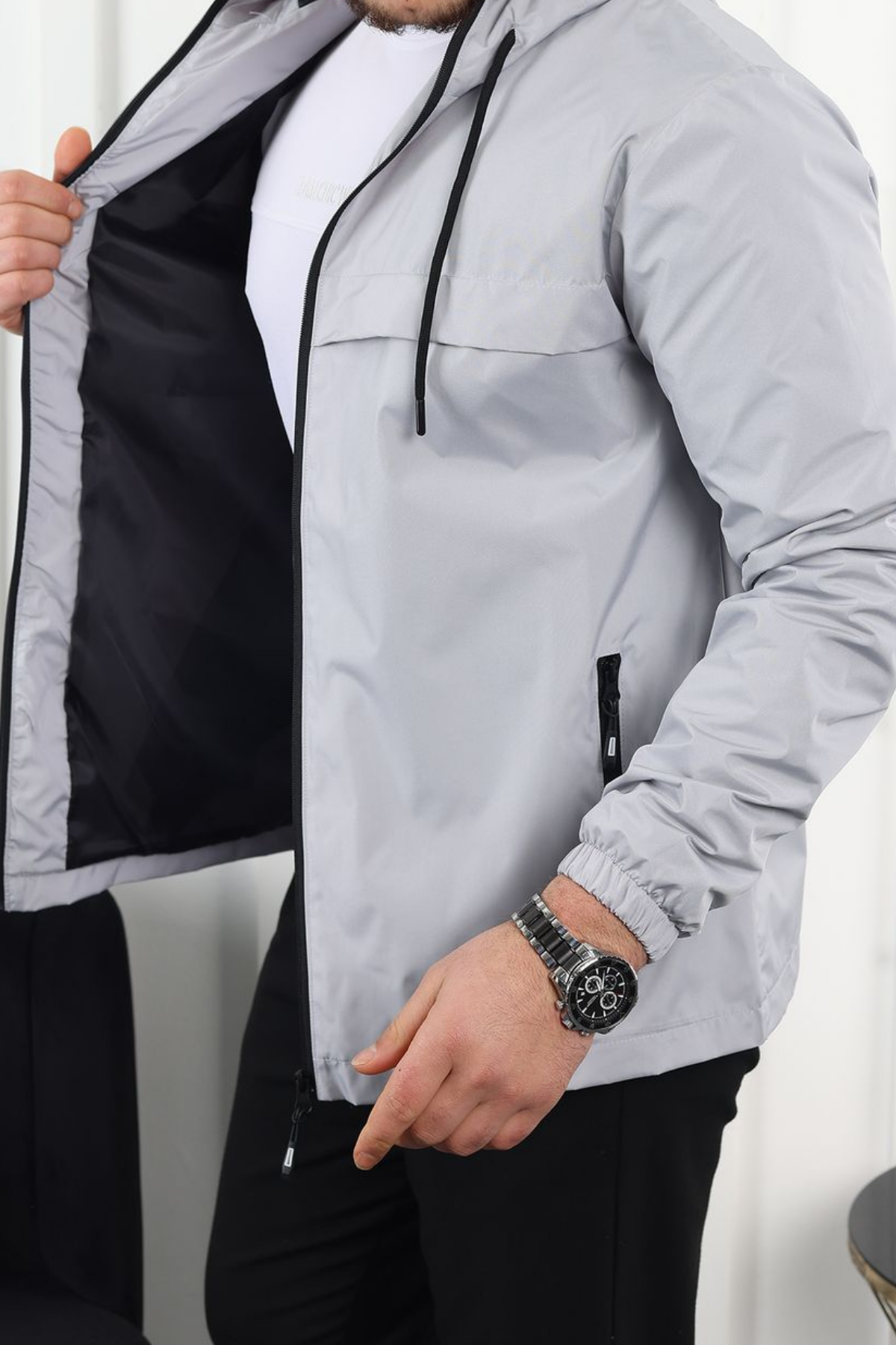 Erkek Astarlı Kapşonlu Gri Rüzgarlık & Yağmurluk