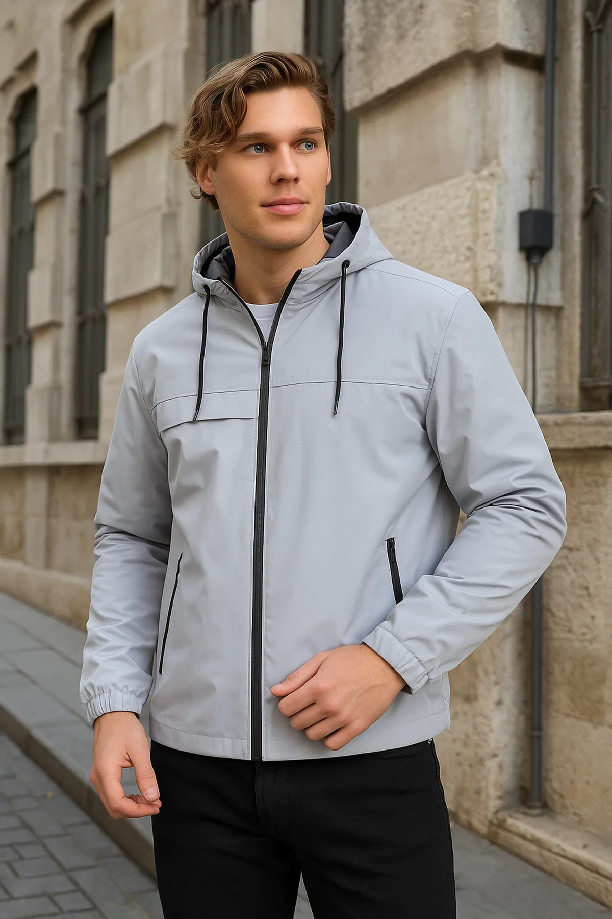 Erkek Astarlı Kapşonlu Gri Rüzgarlık & Yağmurluk