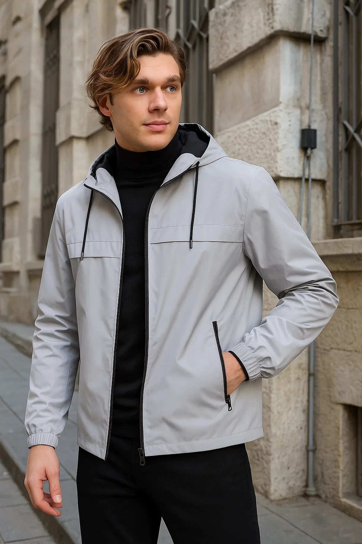 Erkek Astarlı Kapşonlu Gri Rüzgarlık & Yağmurluk