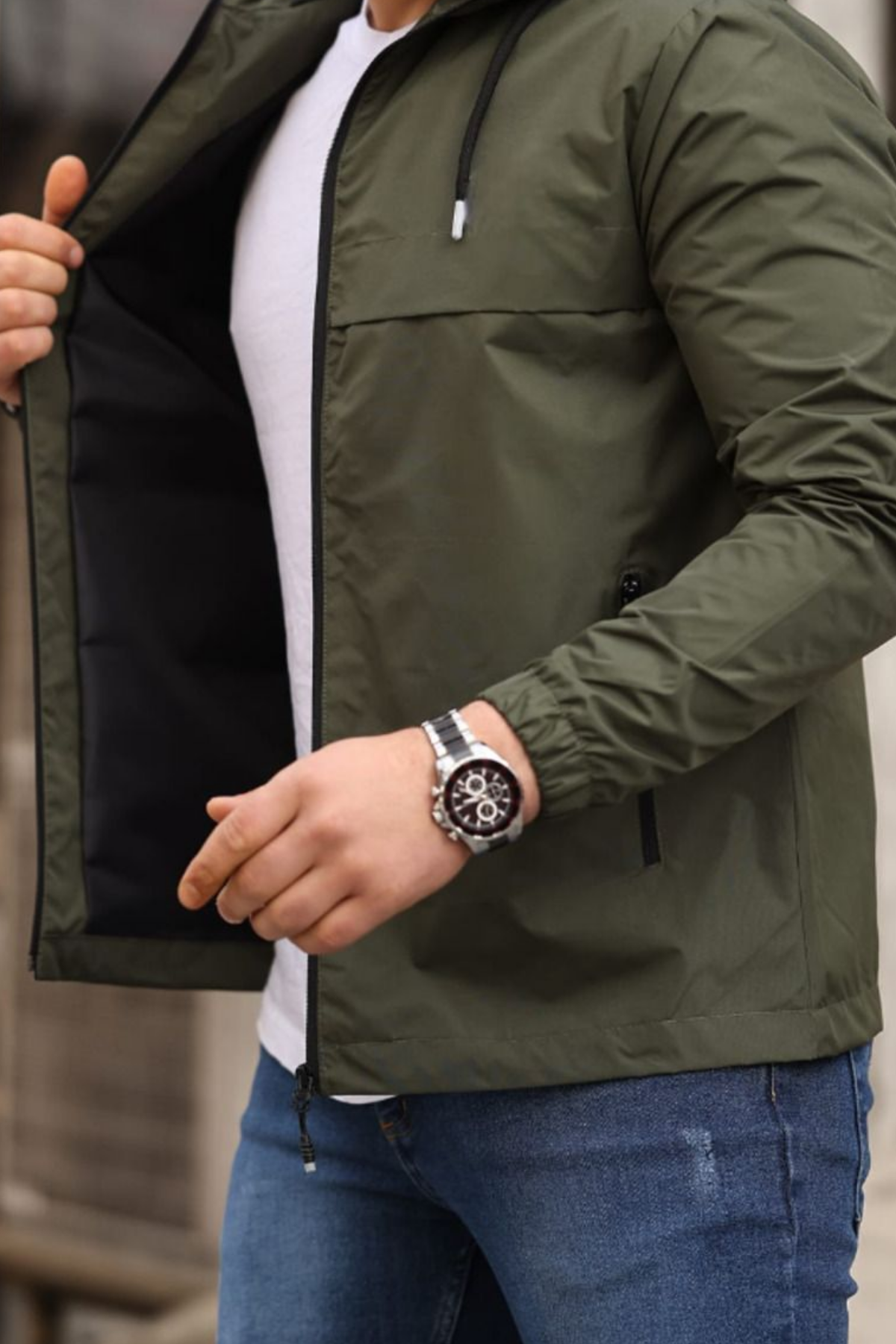 Erkek Astarlı Kapşonlu Haki Rüzgarlık & Yağmurluk