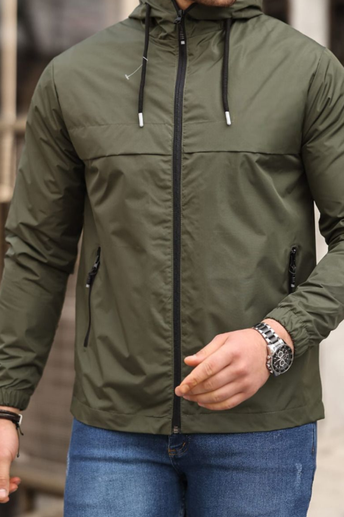 Erkek Astarlı Kapşonlu Haki Rüzgarlık & Yağmurluk