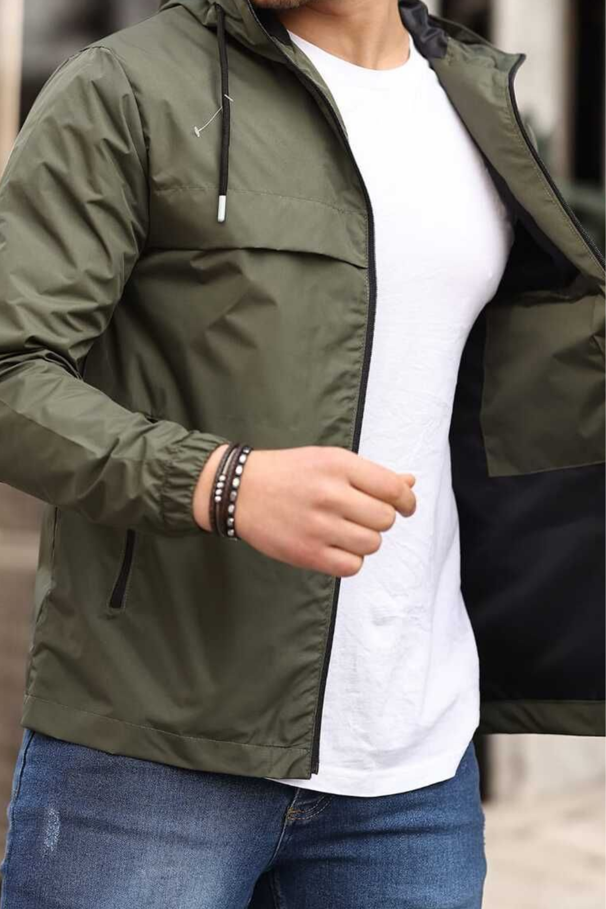 Erkek Astarlı Kapşonlu Haki Rüzgarlık & Yağmurluk