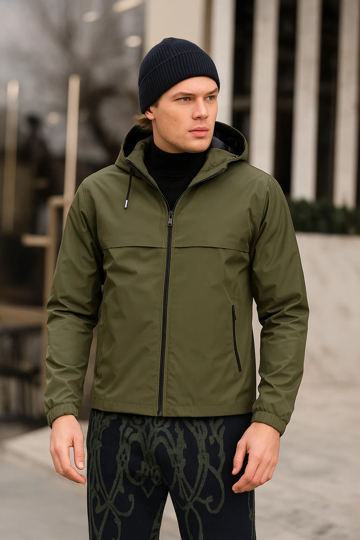 Erkek Astarlı Kapşonlu Haki Rüzgarlık & Yağmurluk