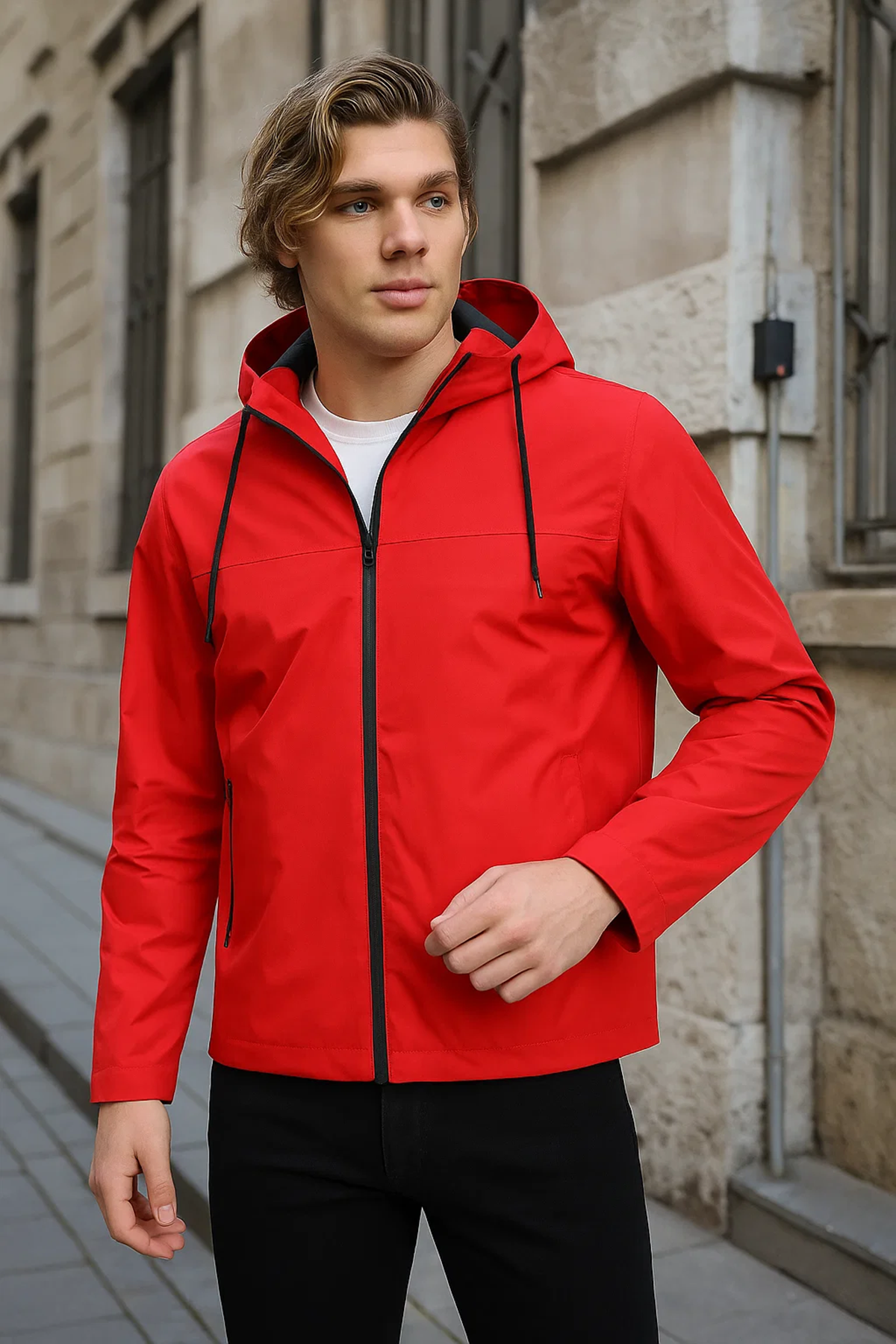 Erkek Astarlı Kapşonlu Kırmızı Rüzgarlık & Yağmurluk