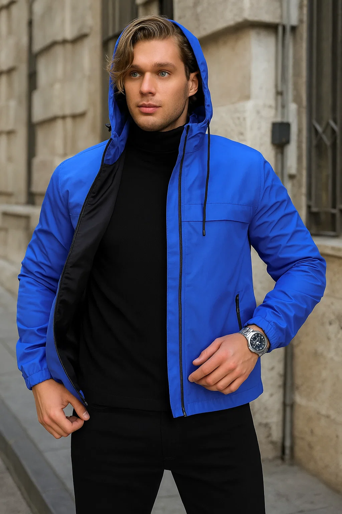 Erkek Astarlı Kapşonlu Mavi Rüzgarlık & Yağmurluk