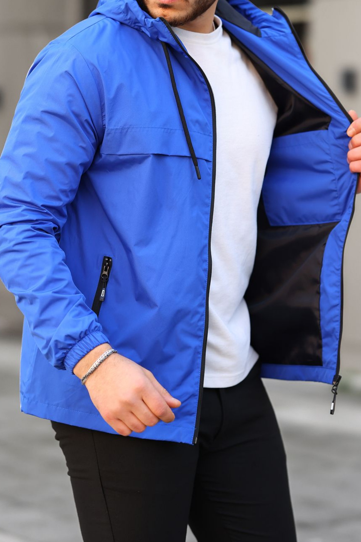Erkek Astarlı Kapşonlu Mavi Rüzgarlık & Yağmurluk
