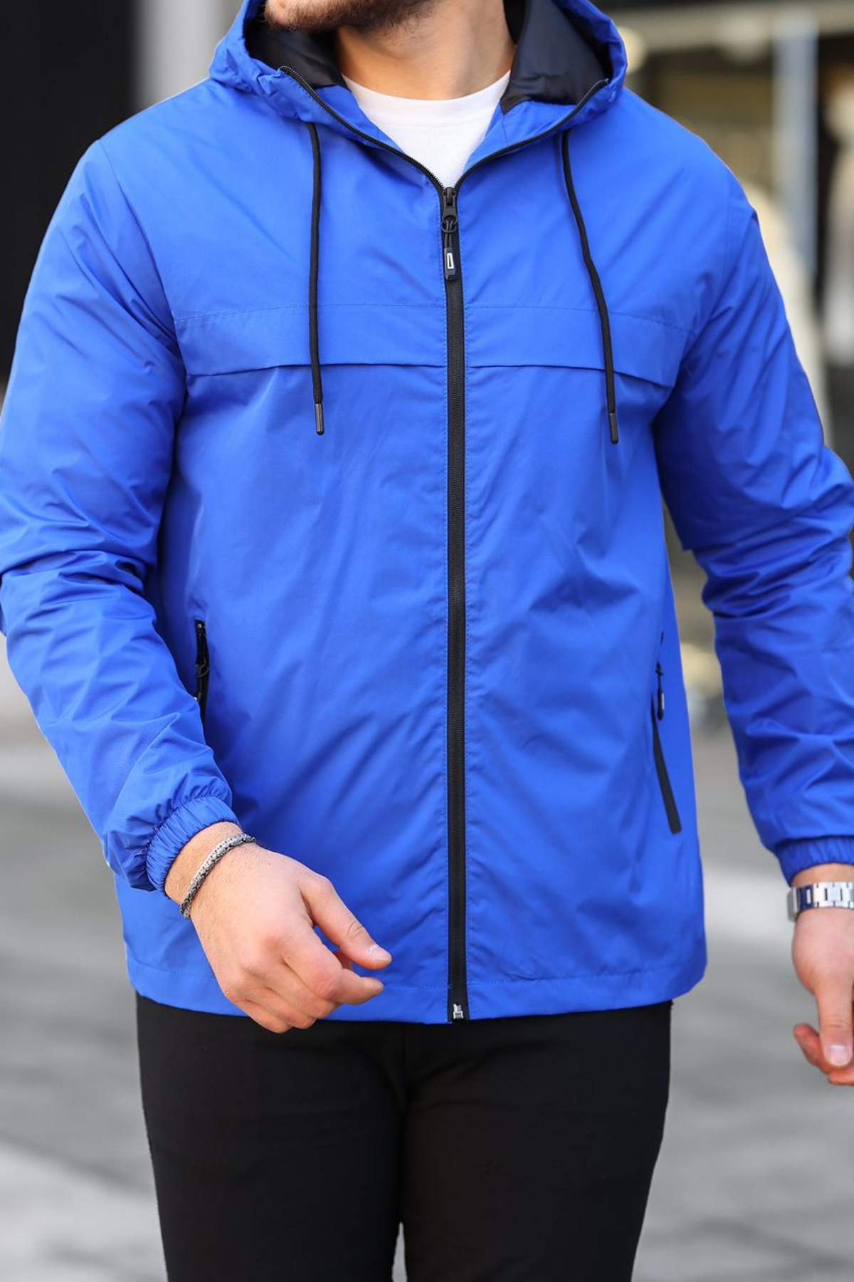 Erkek Astarlı Kapşonlu Mavi Rüzgarlık & Yağmurluk