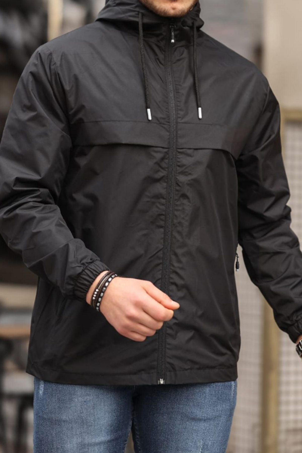 Erkek Astarlı Kapşonlu Siyah Rüzgarlık & Yağmurluk