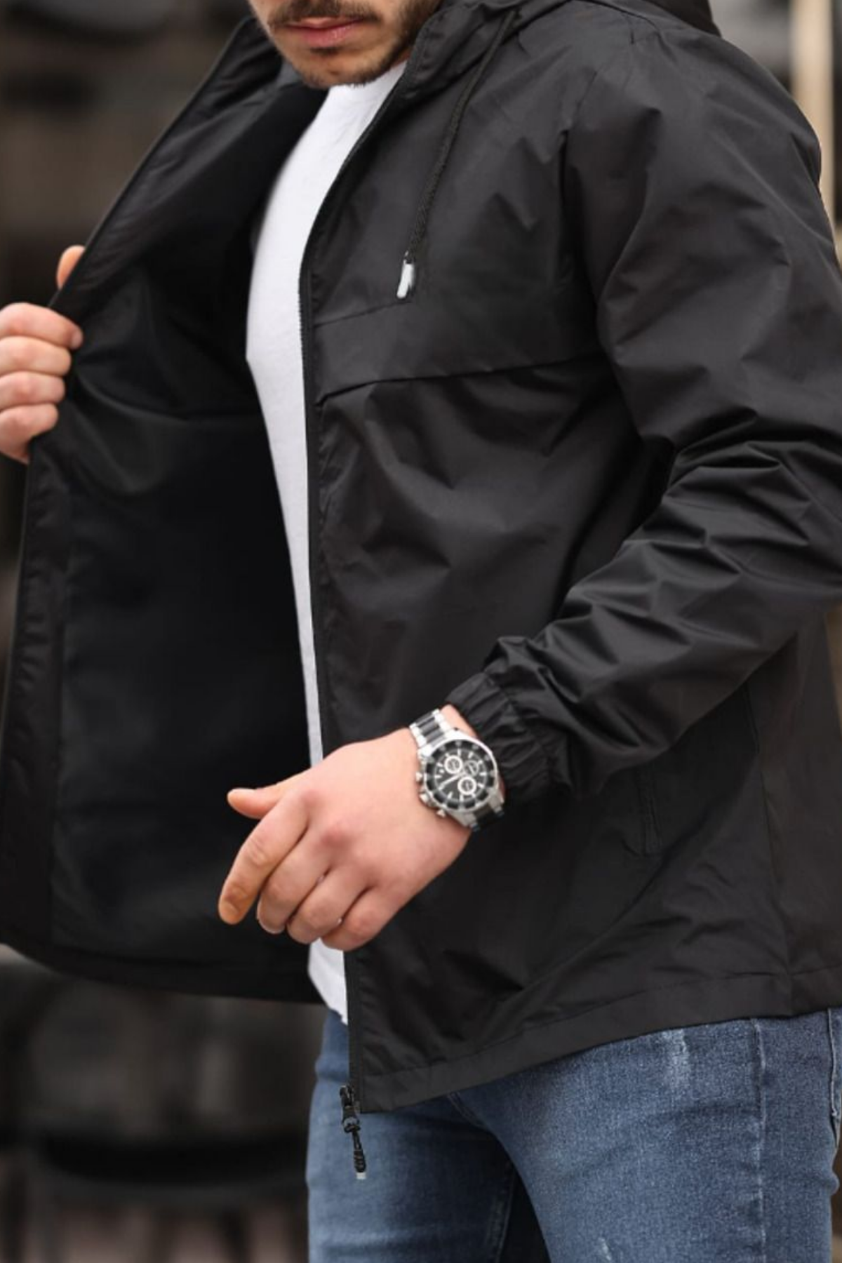 Erkek Astarlı Kapşonlu Siyah Rüzgarlık & Yağmurluk