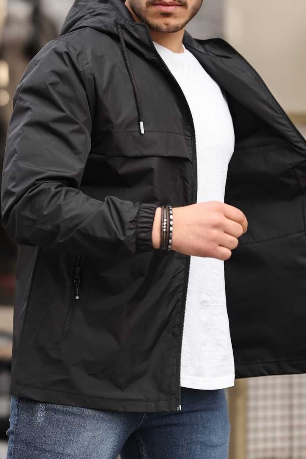 Erkek Astarlı Kapşonlu Siyah Rüzgarlık & Yağmurluk