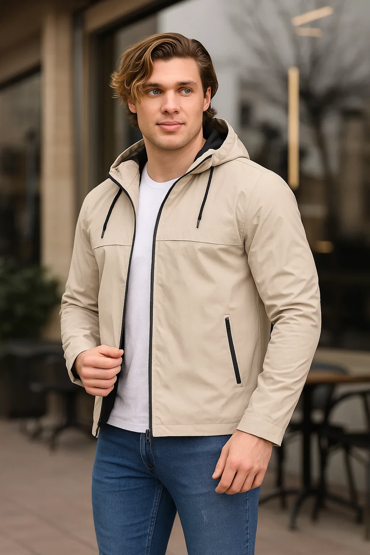 Erkek Astarlı Kapşonlu Taş Rüzgarlık & Yağmurluk
