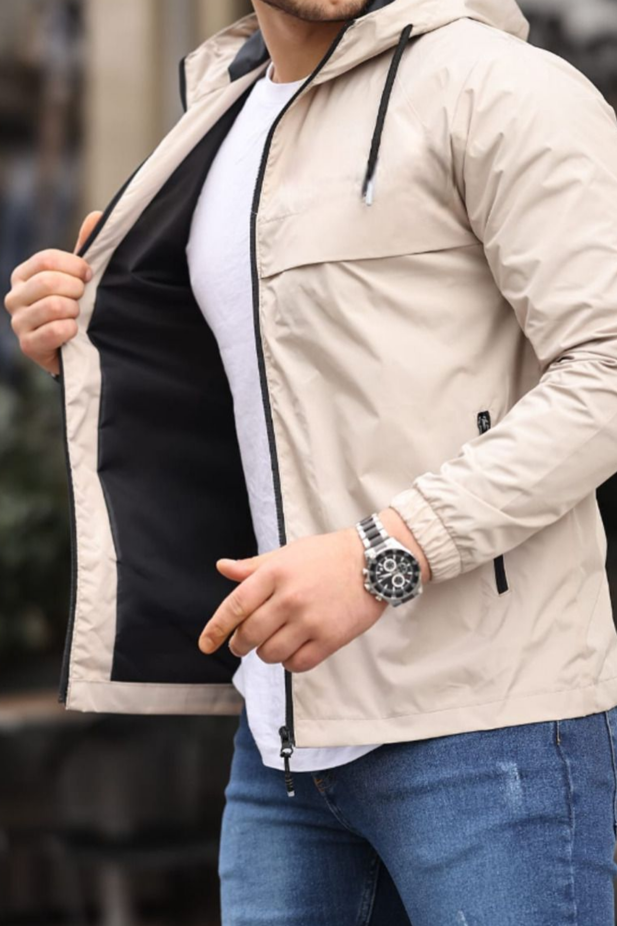 Erkek Astarlı Kapşonlu Taş Rüzgarlık & Yağmurluk