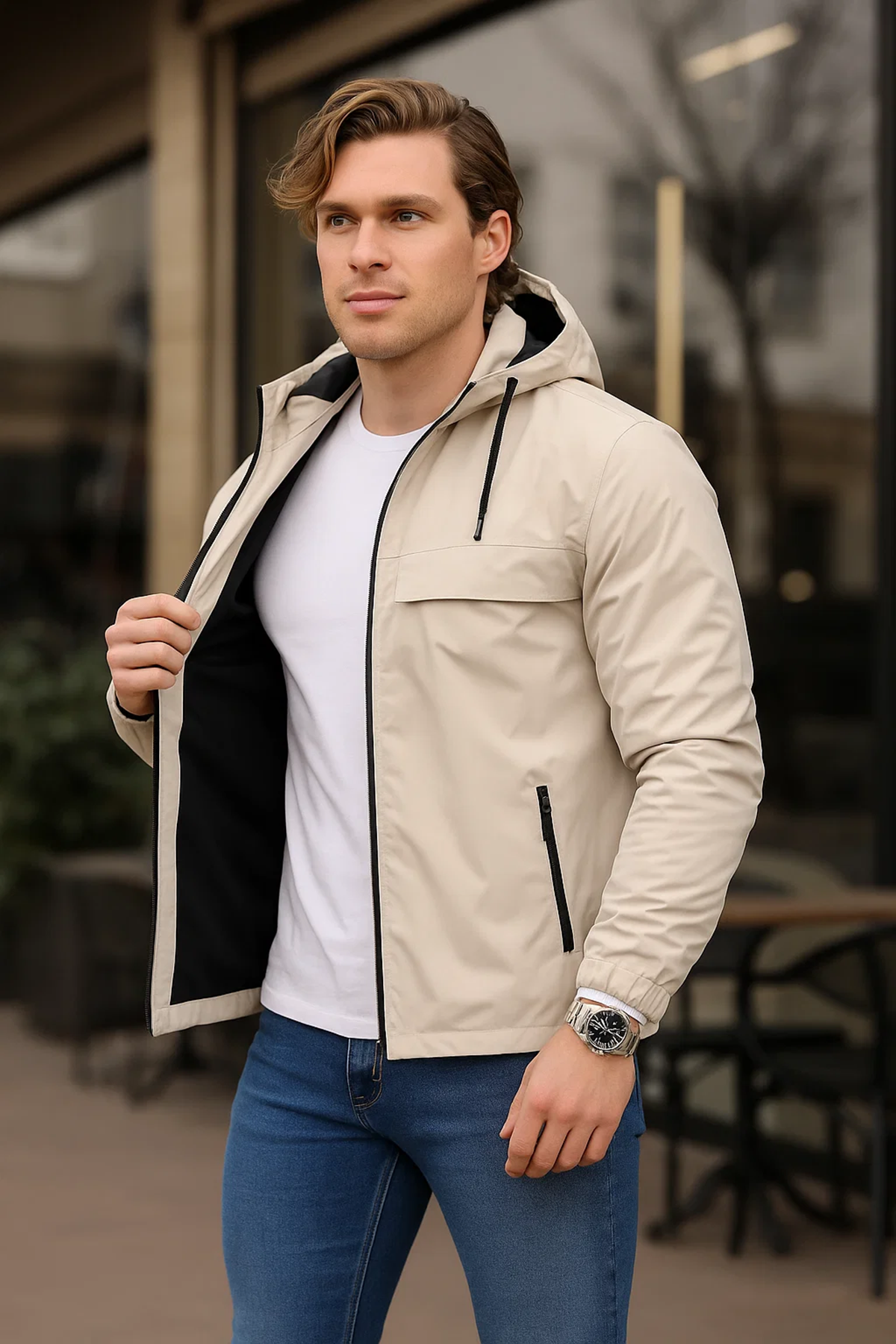 Erkek Astarlı Kapşonlu Taş Rüzgarlık & Yağmurluk