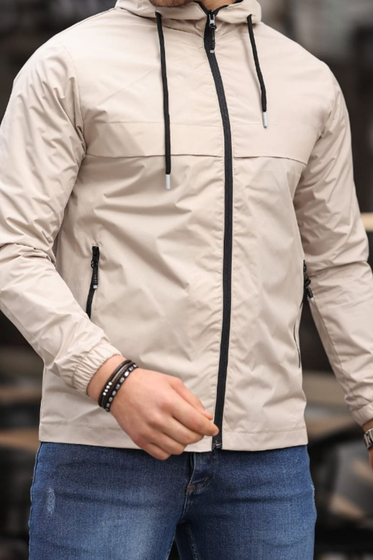 Erkek Astarlı Kapşonlu Taş Rüzgarlık & Yağmurluk