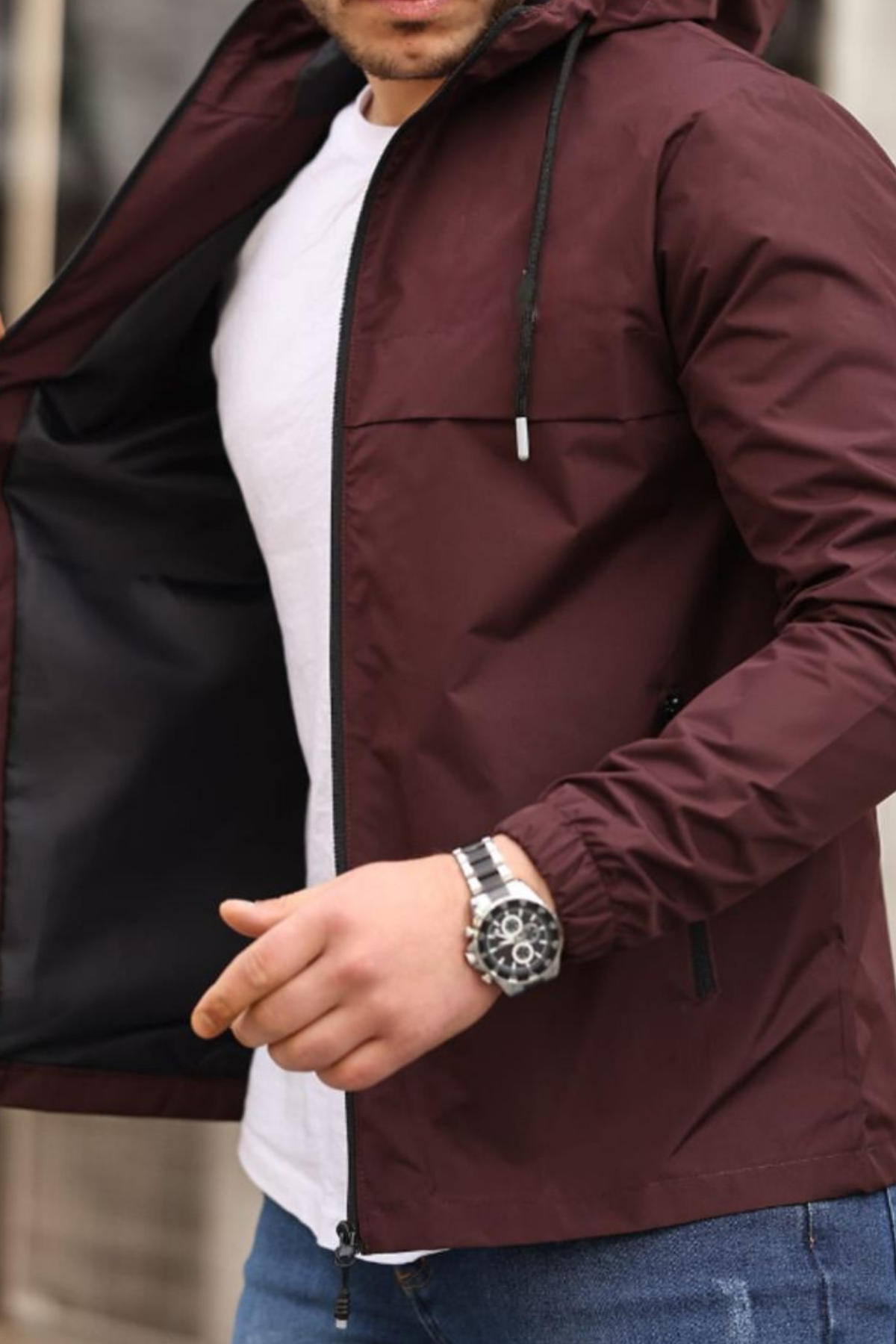 Erkek Astarlı Kapşonlu Bordo Rüzgarlık & Yağmurluk