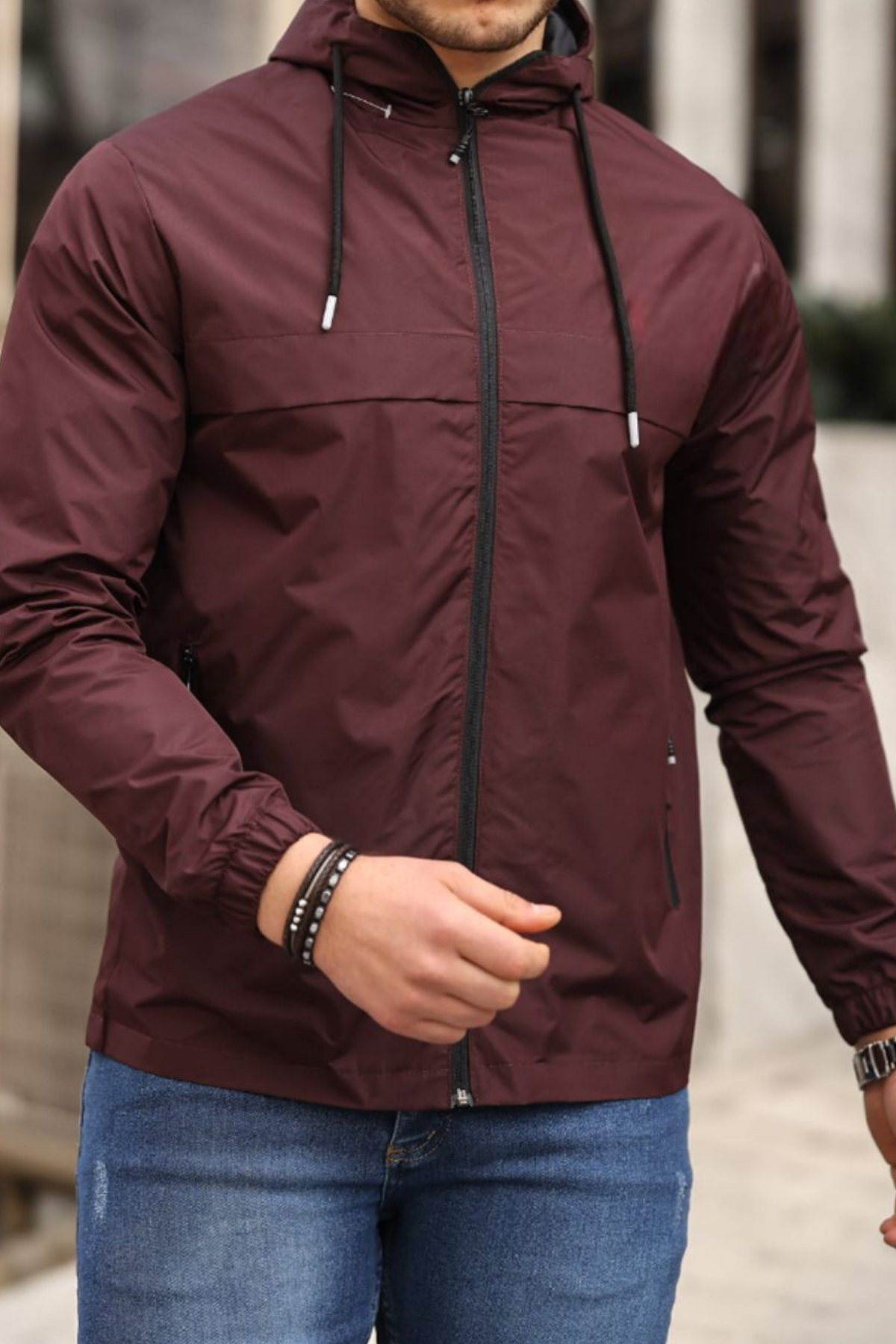 Erkek Astarlı Kapşonlu Bordo Rüzgarlık & Yağmurluk