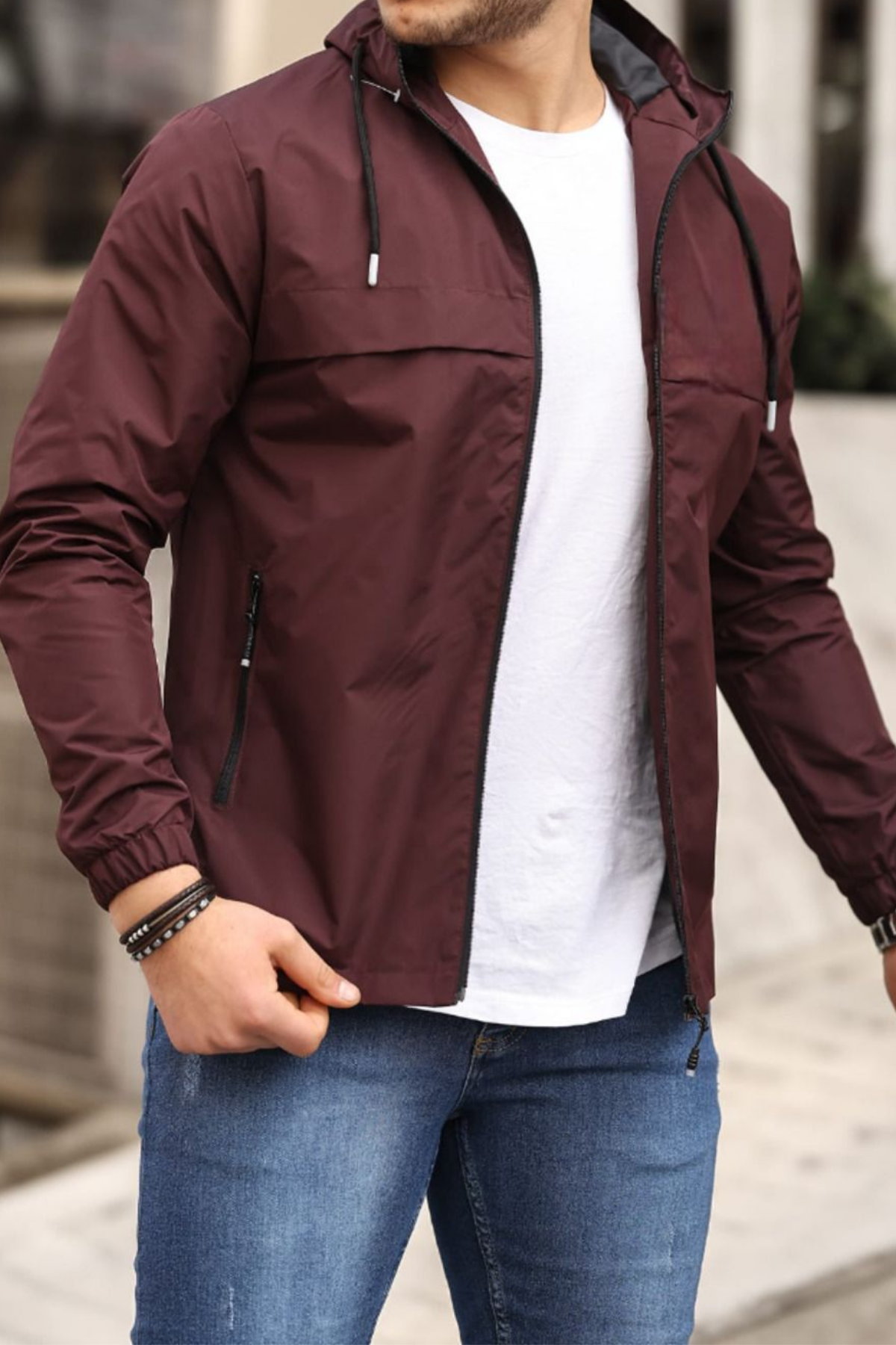 Erkek Astarlı Kapşonlu Bordo Rüzgarlık & Yağmurluk