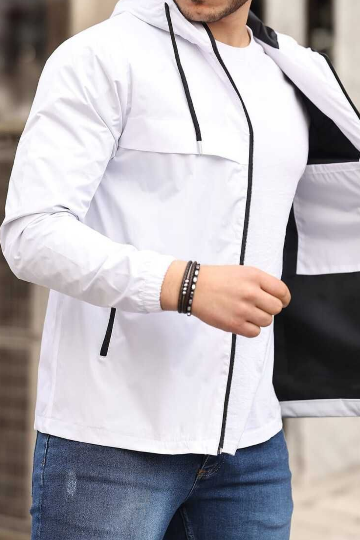 Erkek Astarlı Kapşonlu Beyaz Rüzgarlık & Yağmurluk