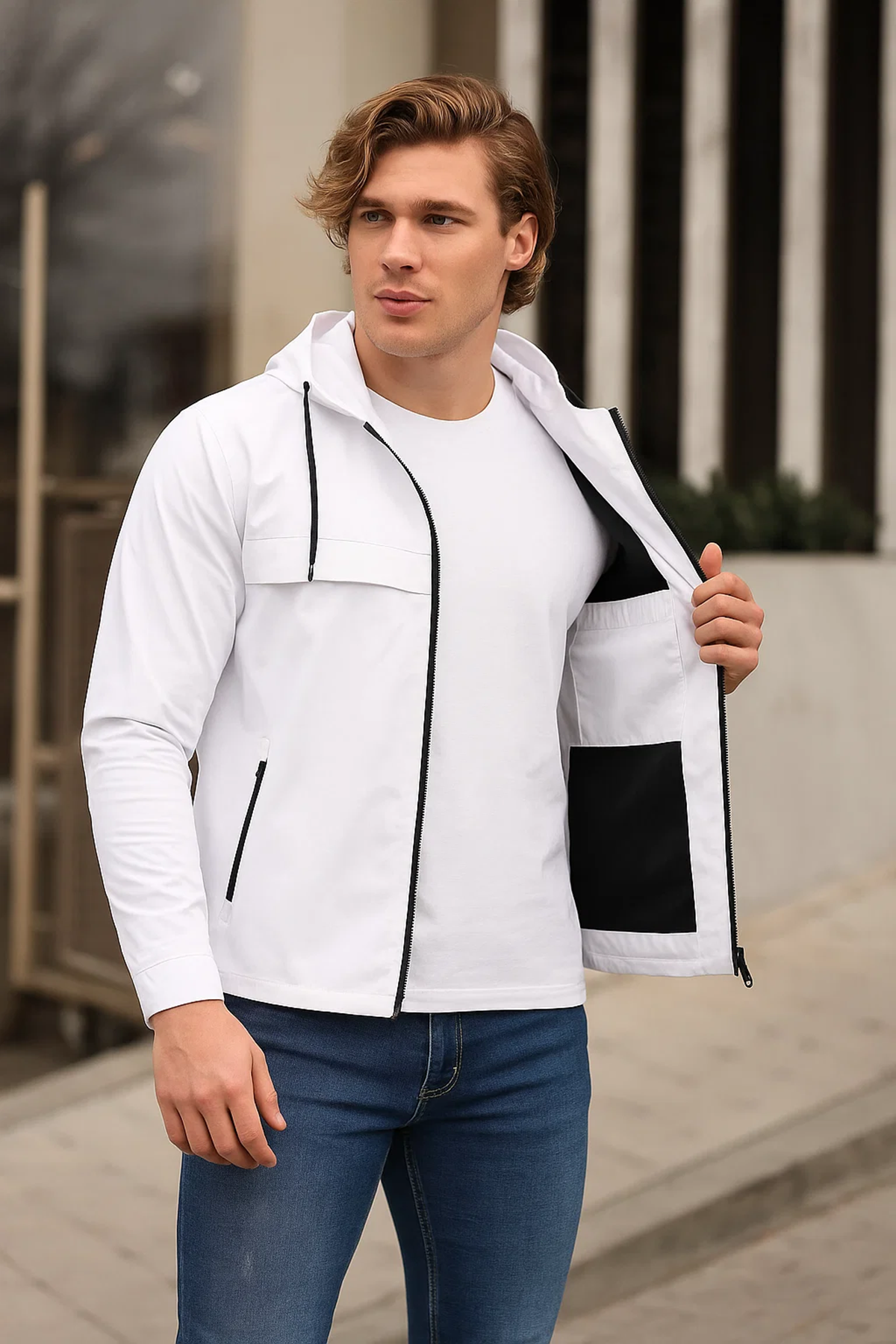Erkek Astarlı Kapşonlu Beyaz Rüzgarlık & Yağmurluk