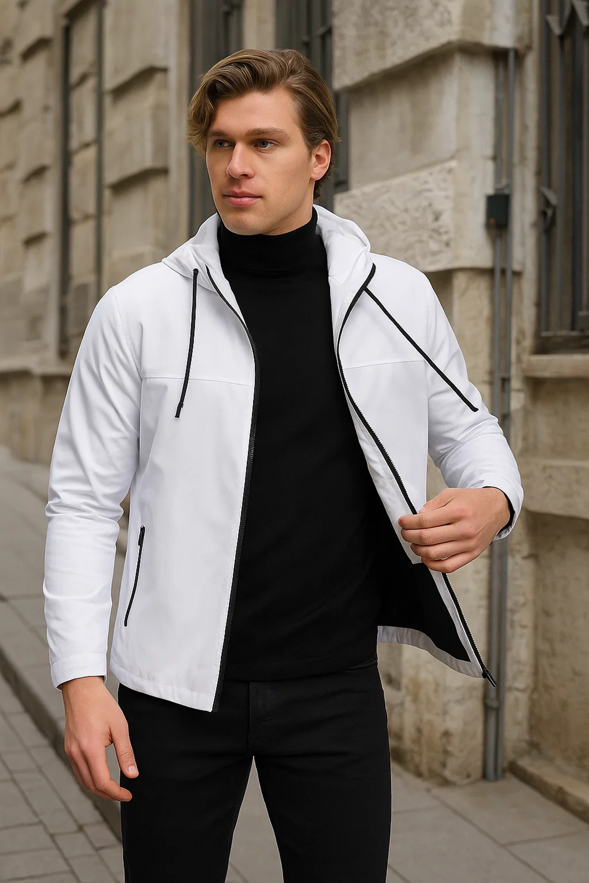 Erkek Astarlı Kapşonlu Beyaz Rüzgarlık & Yağmurluk