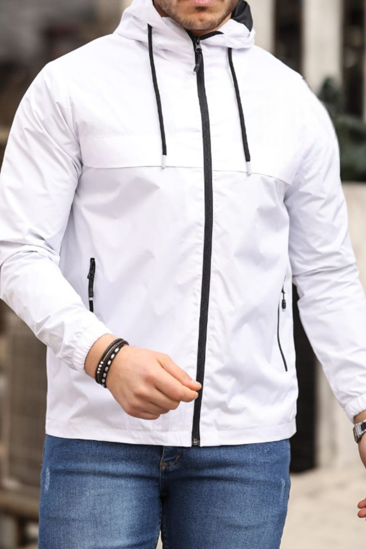 Erkek Astarlı Kapşonlu Beyaz Rüzgarlık & Yağmurluk