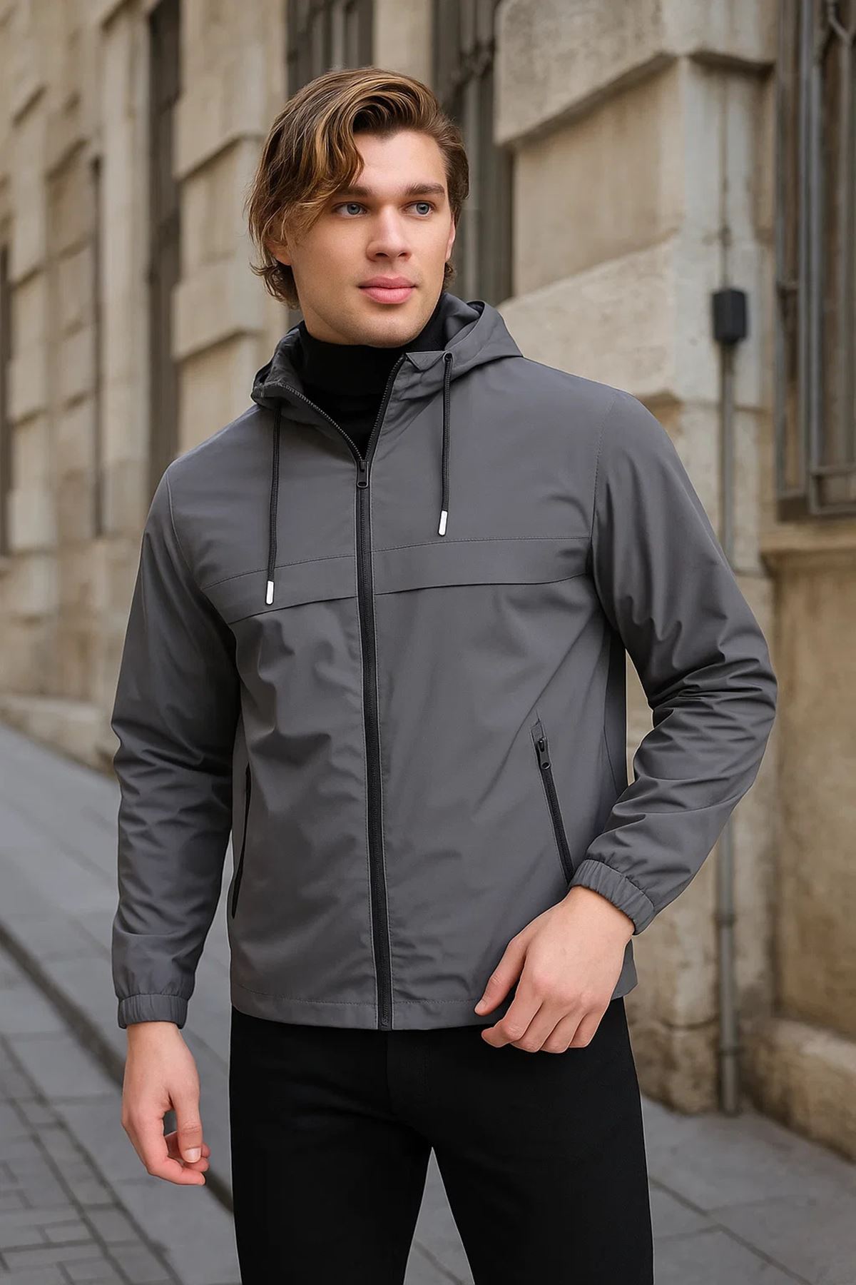 Erkek Astarlı Kapşonlu Füme Rüzgarlık & Yağmurluk