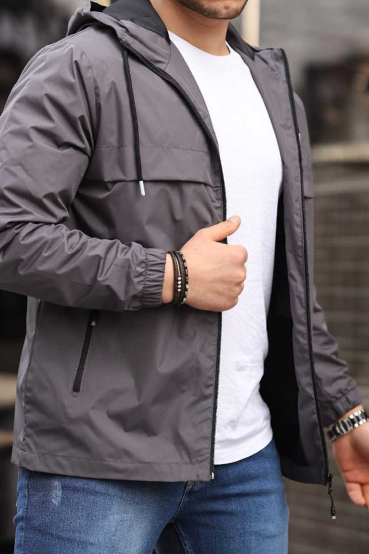 Erkek Astarlı Kapşonlu Füme Rüzgarlık & Yağmurluk