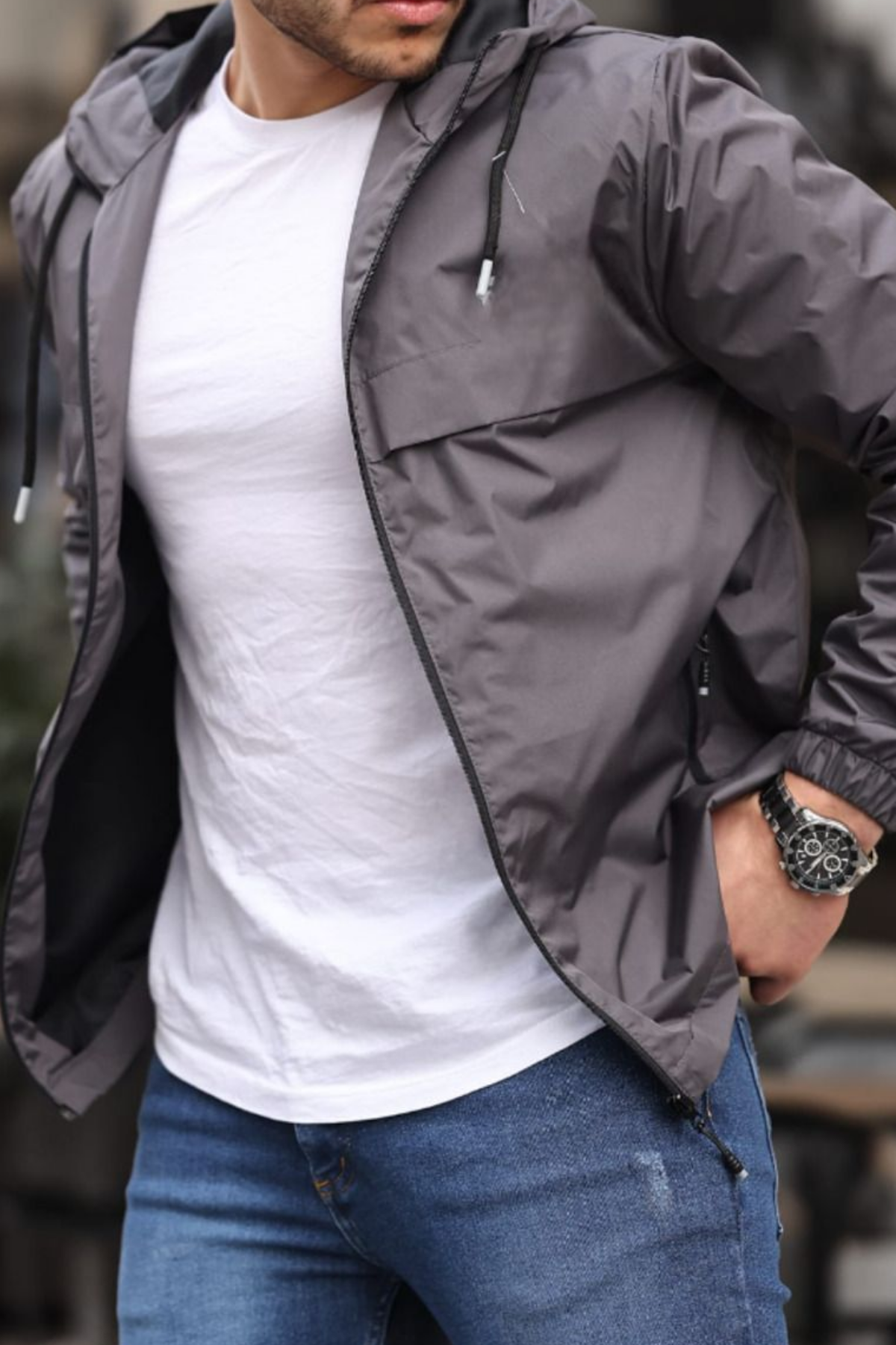 Erkek Astarlı Kapşonlu Füme Rüzgarlık & Yağmurluk