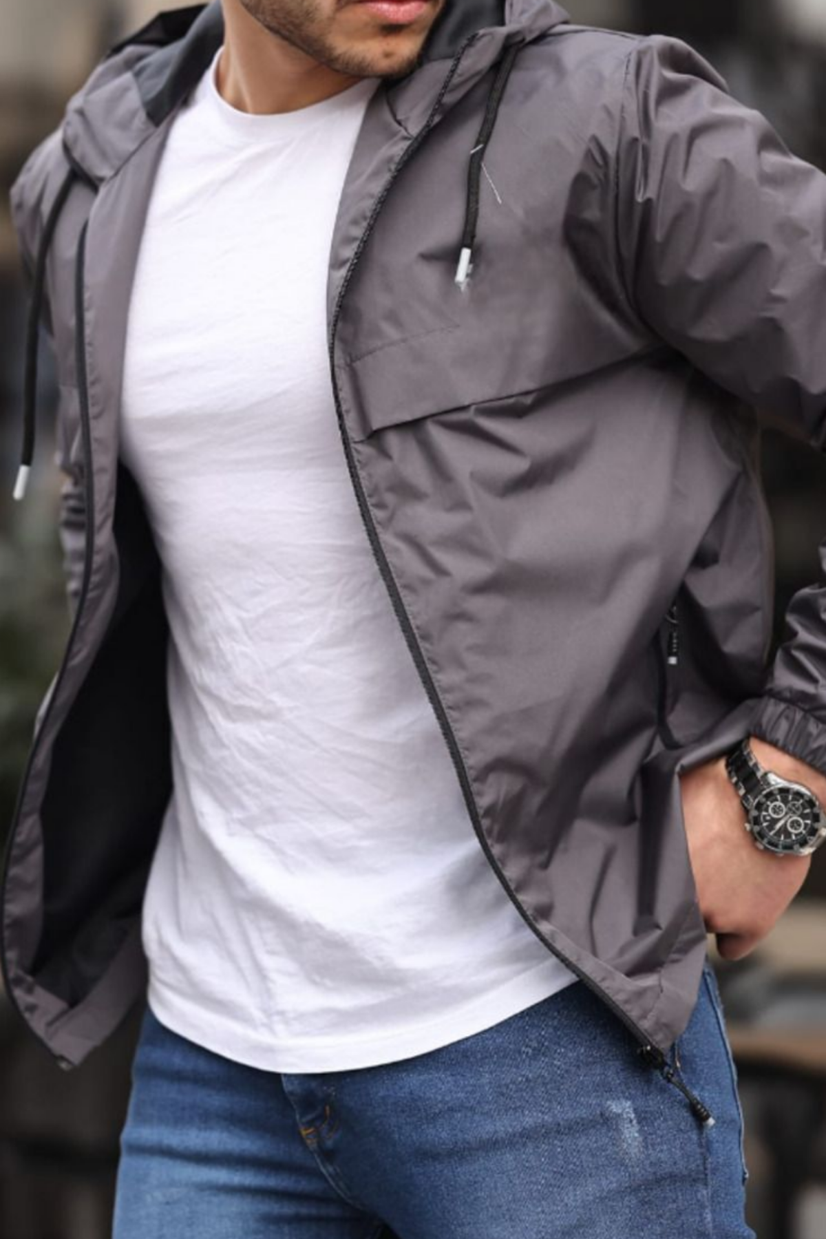 Erkek Astarlı Kapşonlu Füme Rüzgarlık & Yağmurluk