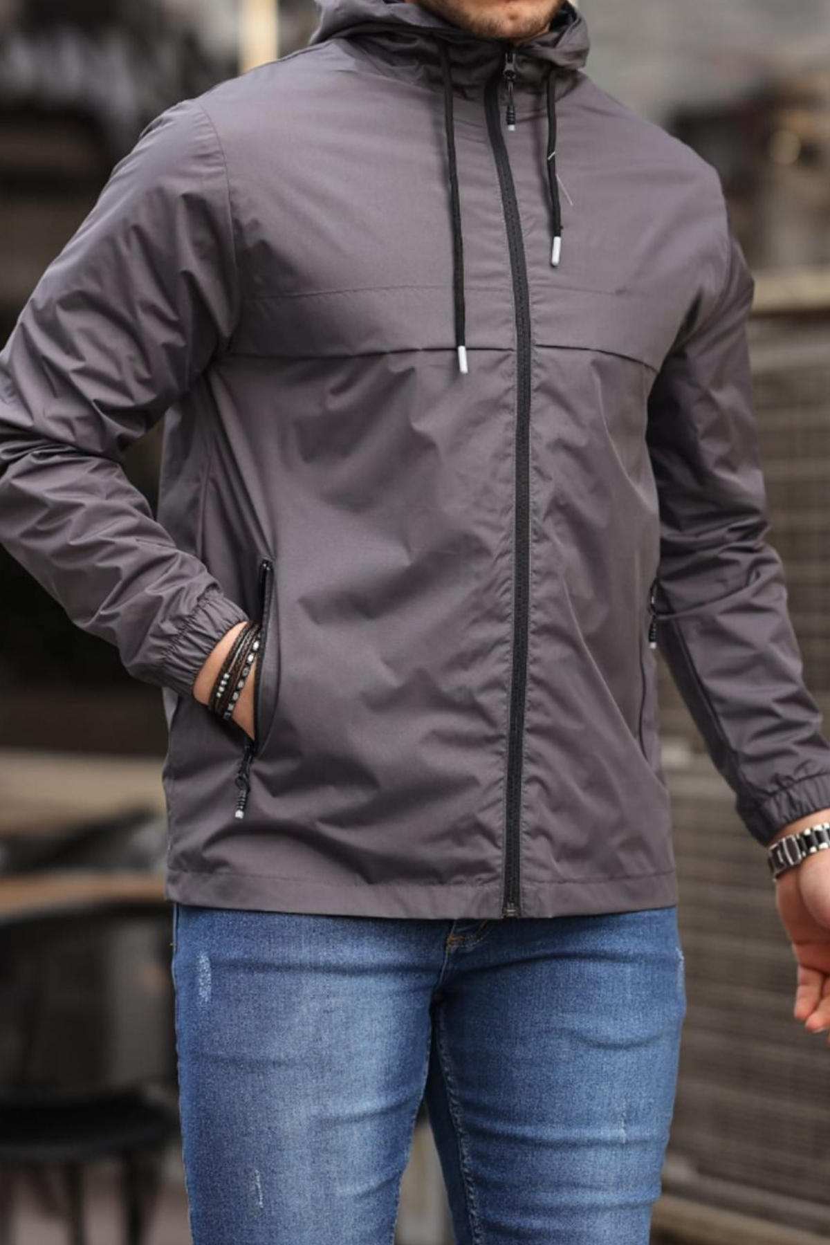 Erkek Astarlı Kapşonlu Füme Rüzgarlık & Yağmurluk