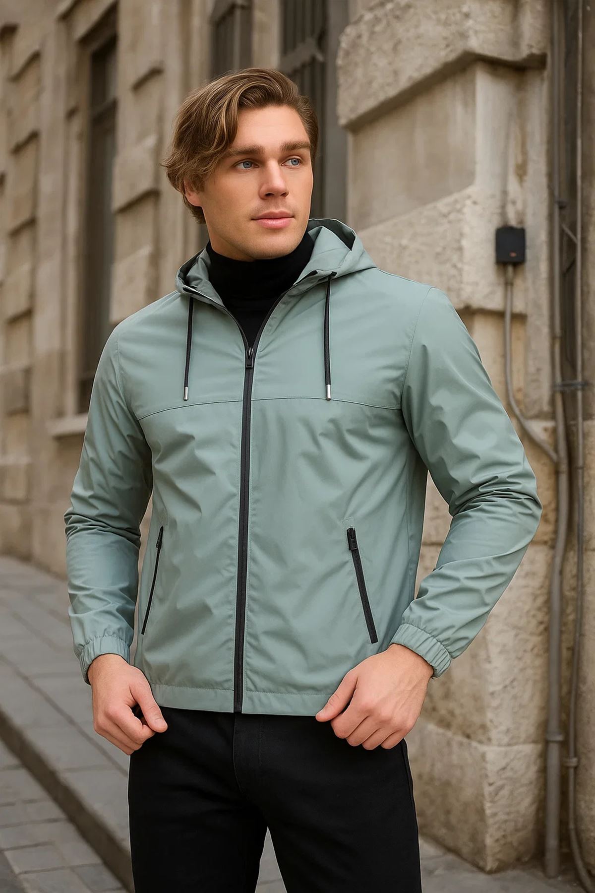 Erkek Astarlı Kapşonlu Mint Rüzgarlık & Yağmurluk