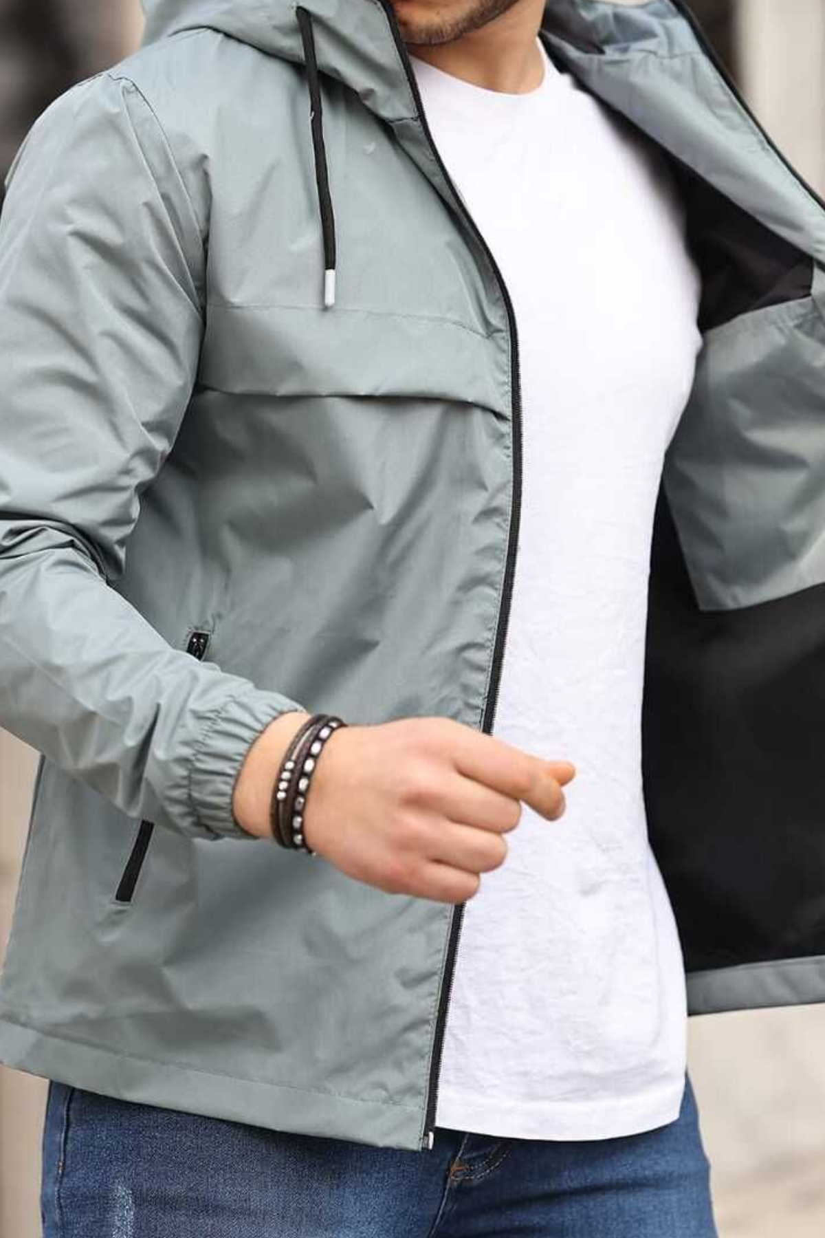 Erkek Astarlı Kapşonlu Mint Rüzgarlık & Yağmurluk