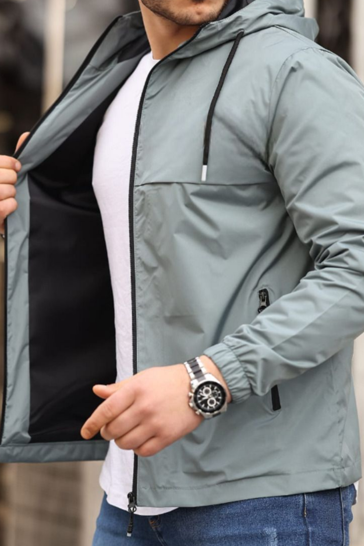 Erkek Astarlı Kapşonlu Mint Rüzgarlık & Yağmurluk