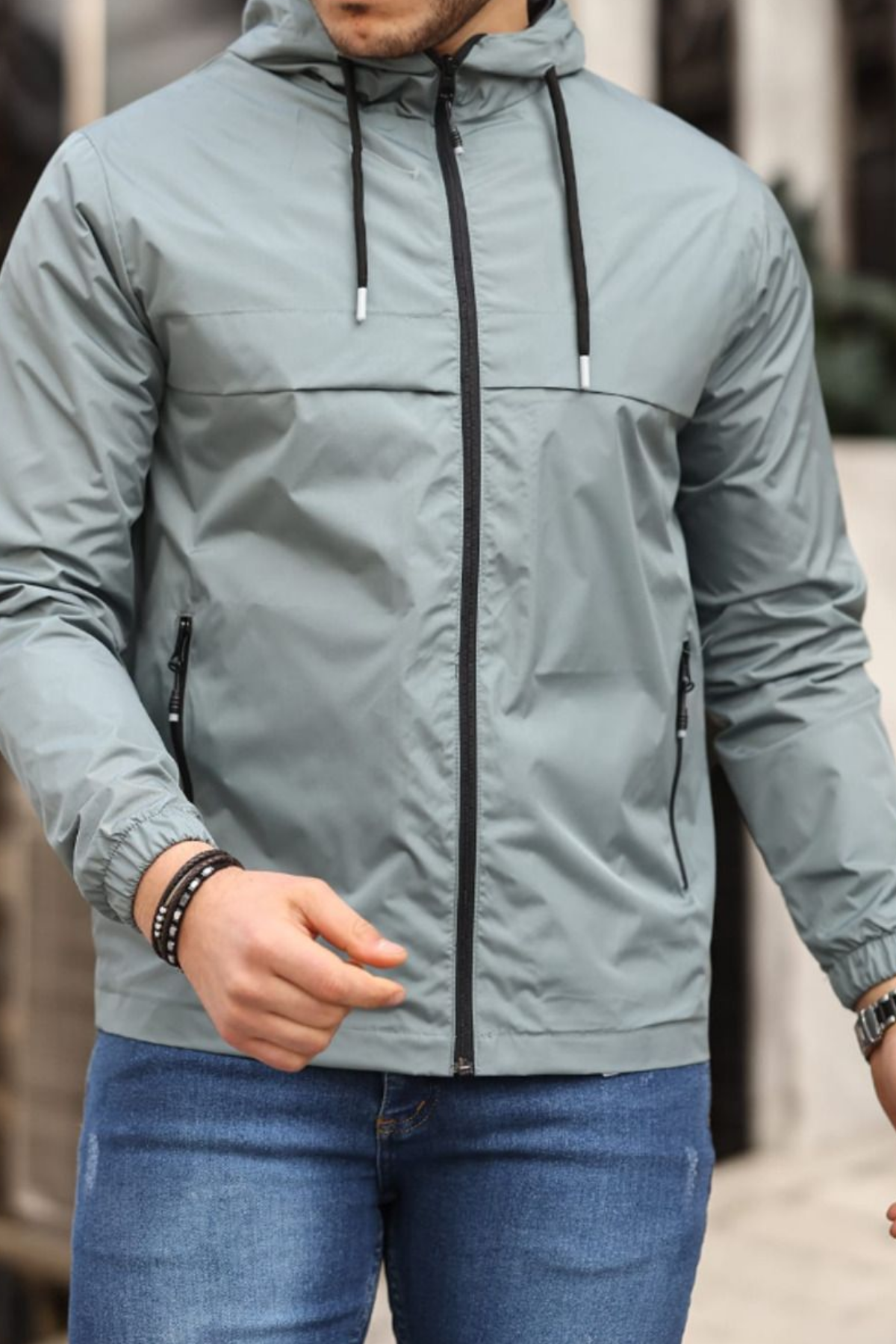 Erkek Astarlı Kapşonlu Mint Rüzgarlık & Yağmurluk