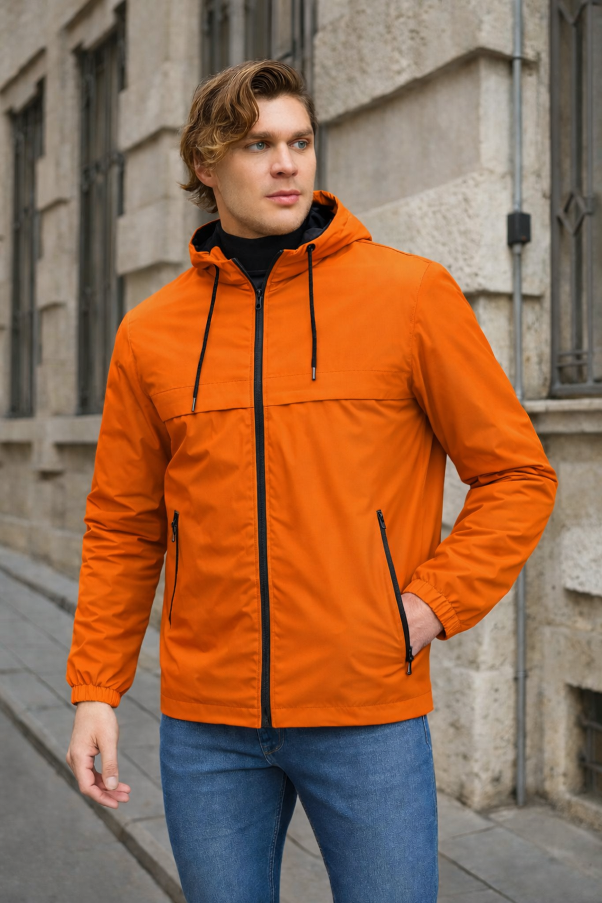 Erkek Astarlı Kapşonlu Turuncu Rüzgarlık & Yağmurluk