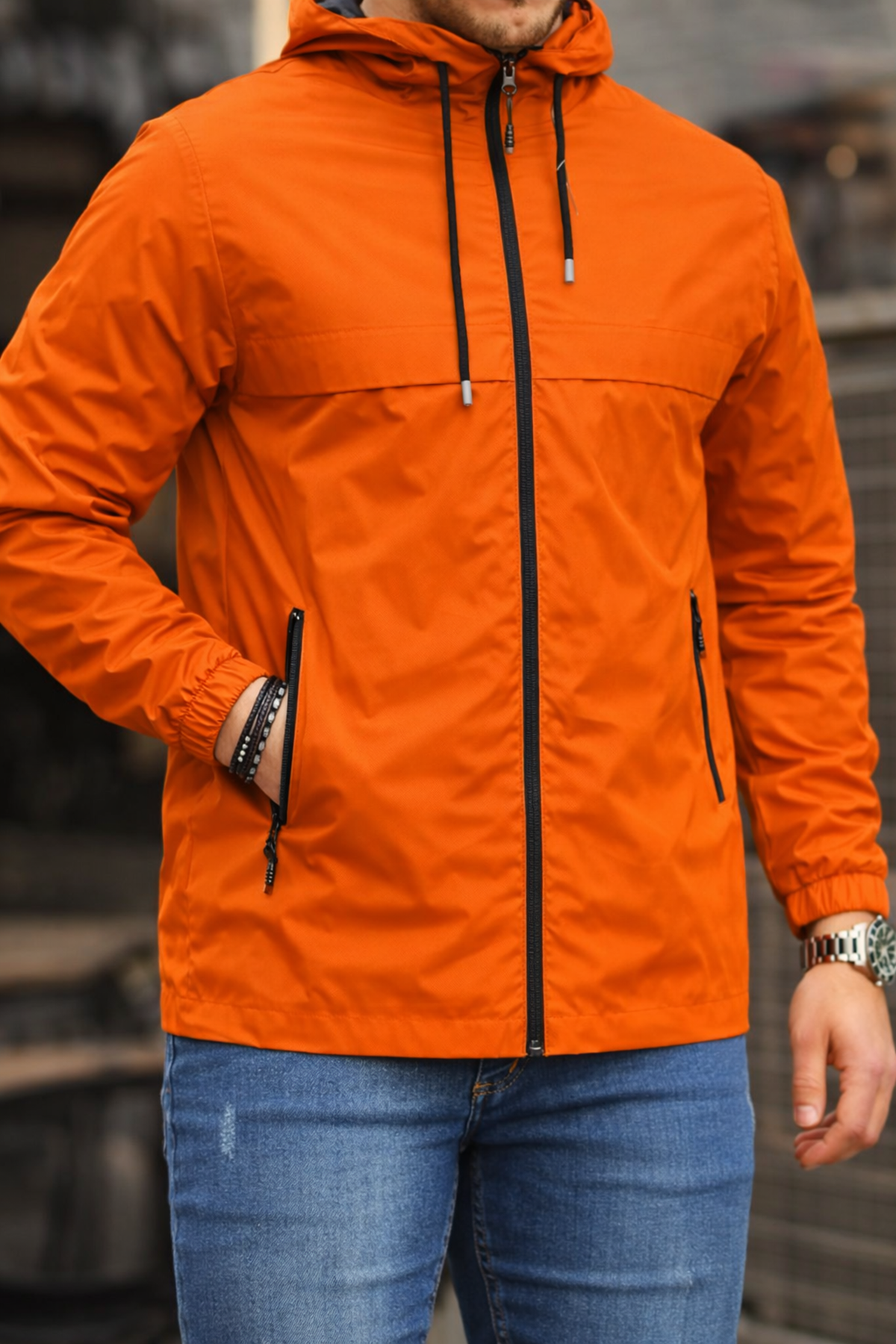 Erkek Astarlı Kapşonlu Turuncu Rüzgarlık & Yağmurluk