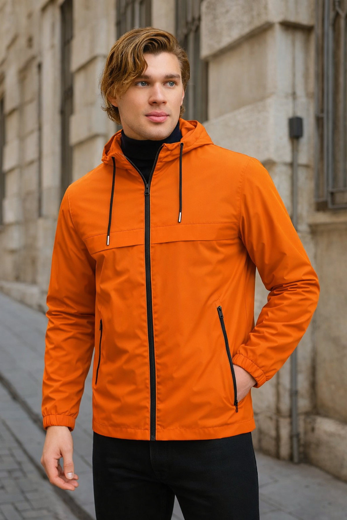 Erkek Astarlı Kapşonlu Turuncu Rüzgarlık & Yağmurluk