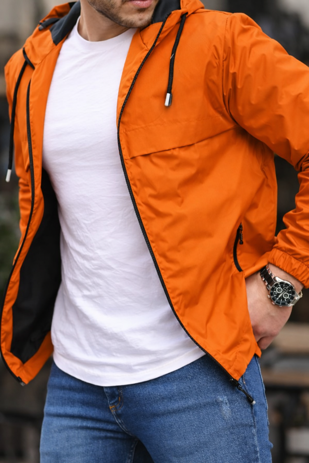 Erkek Astarlı Kapşonlu Turuncu Rüzgarlık & Yağmurluk