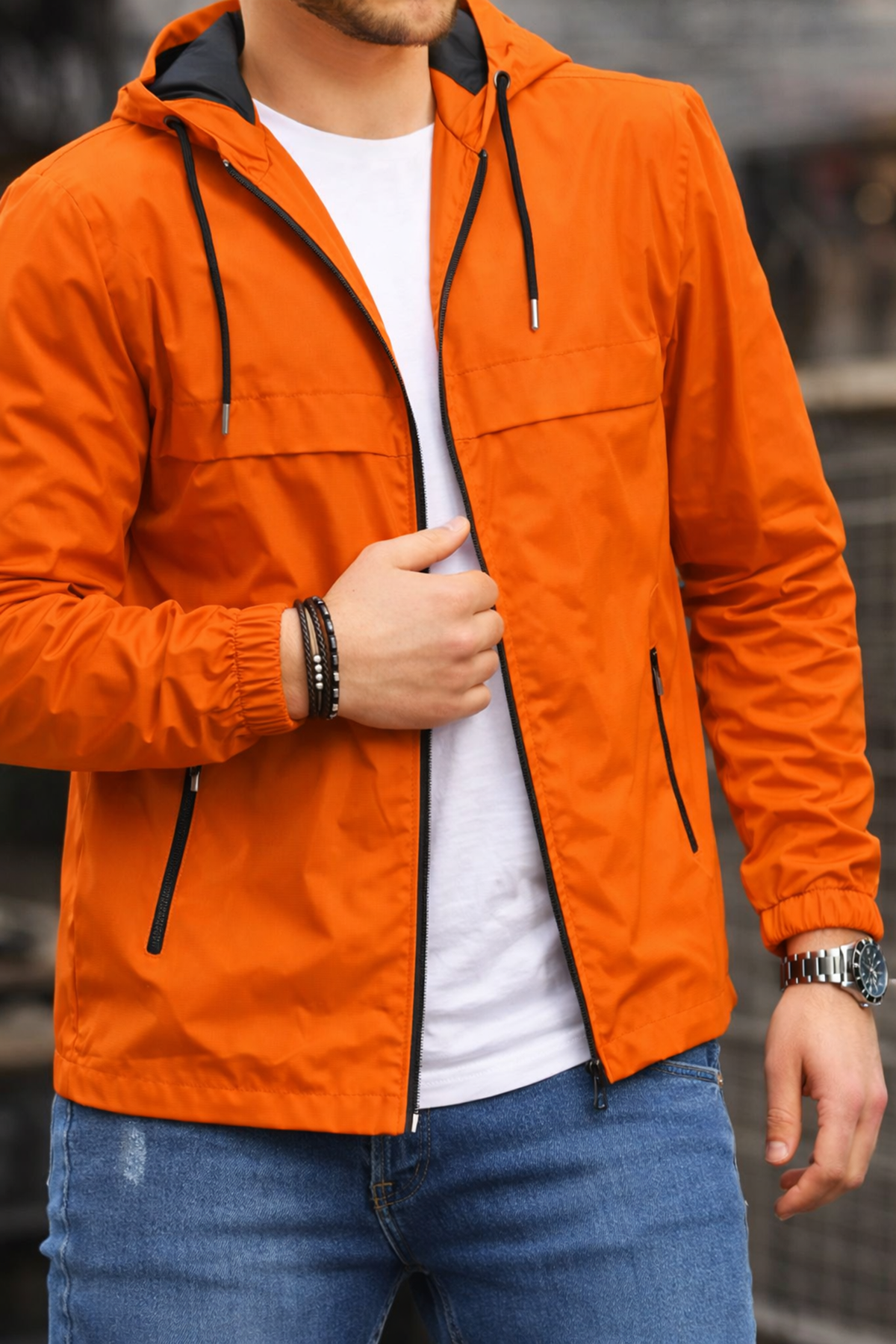 Erkek Astarlı Kapşonlu Turuncu Rüzgarlık & Yağmurluk