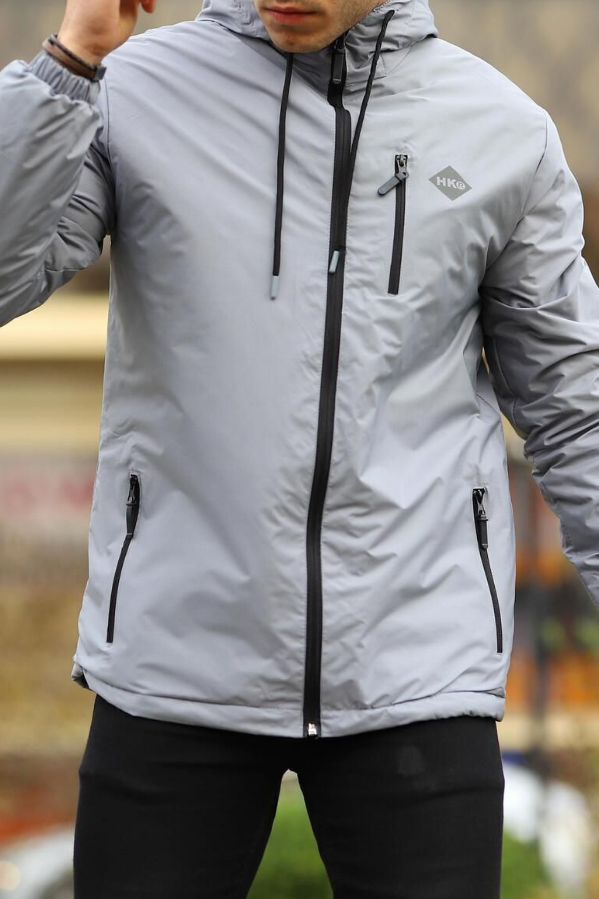 Erkek Dar Gri İçi Peluş Kürk Rüzgarlık & Yağmurluk