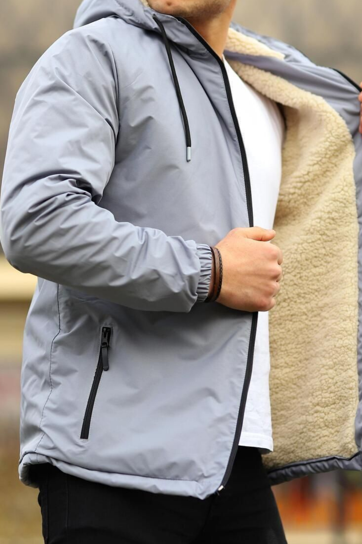 Erkek Dar Gri İçi Peluş Kürk Rüzgarlık & Yağmurluk