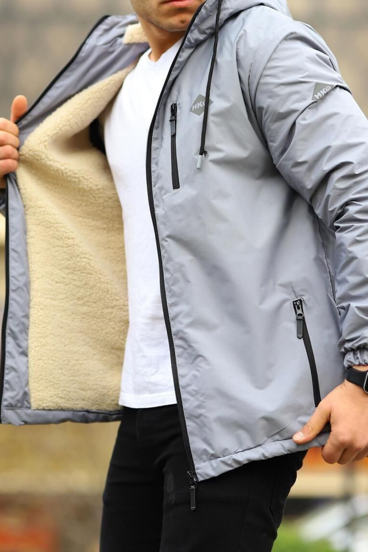 Erkek Dar Gri İçi Peluş Kürk Rüzgarlık & Yağmurluk