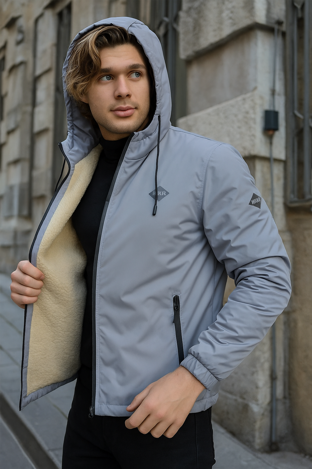 Erkek Dar Gri İçi Peluş Kürk Rüzgarlık & Yağmurluk