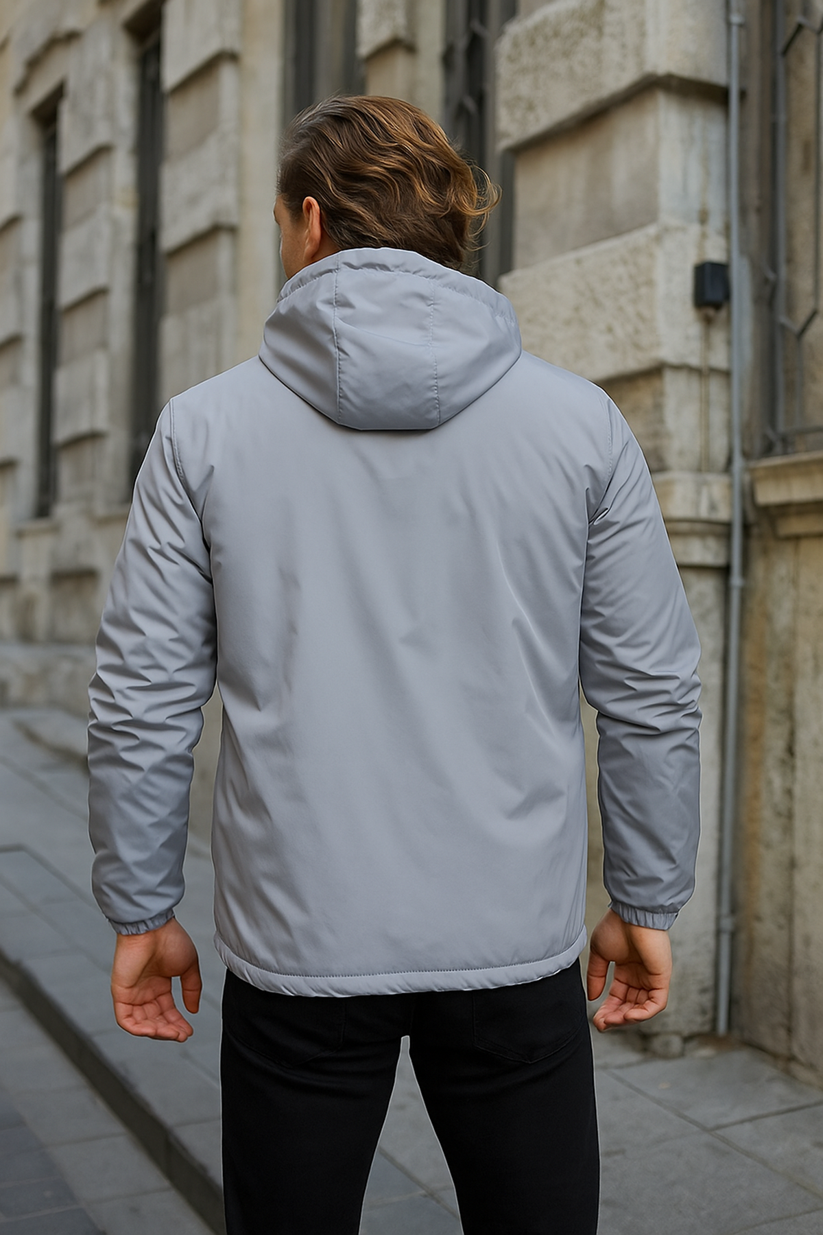 Erkek Dar Gri İçi Peluş Kürk Rüzgarlık & Yağmurluk