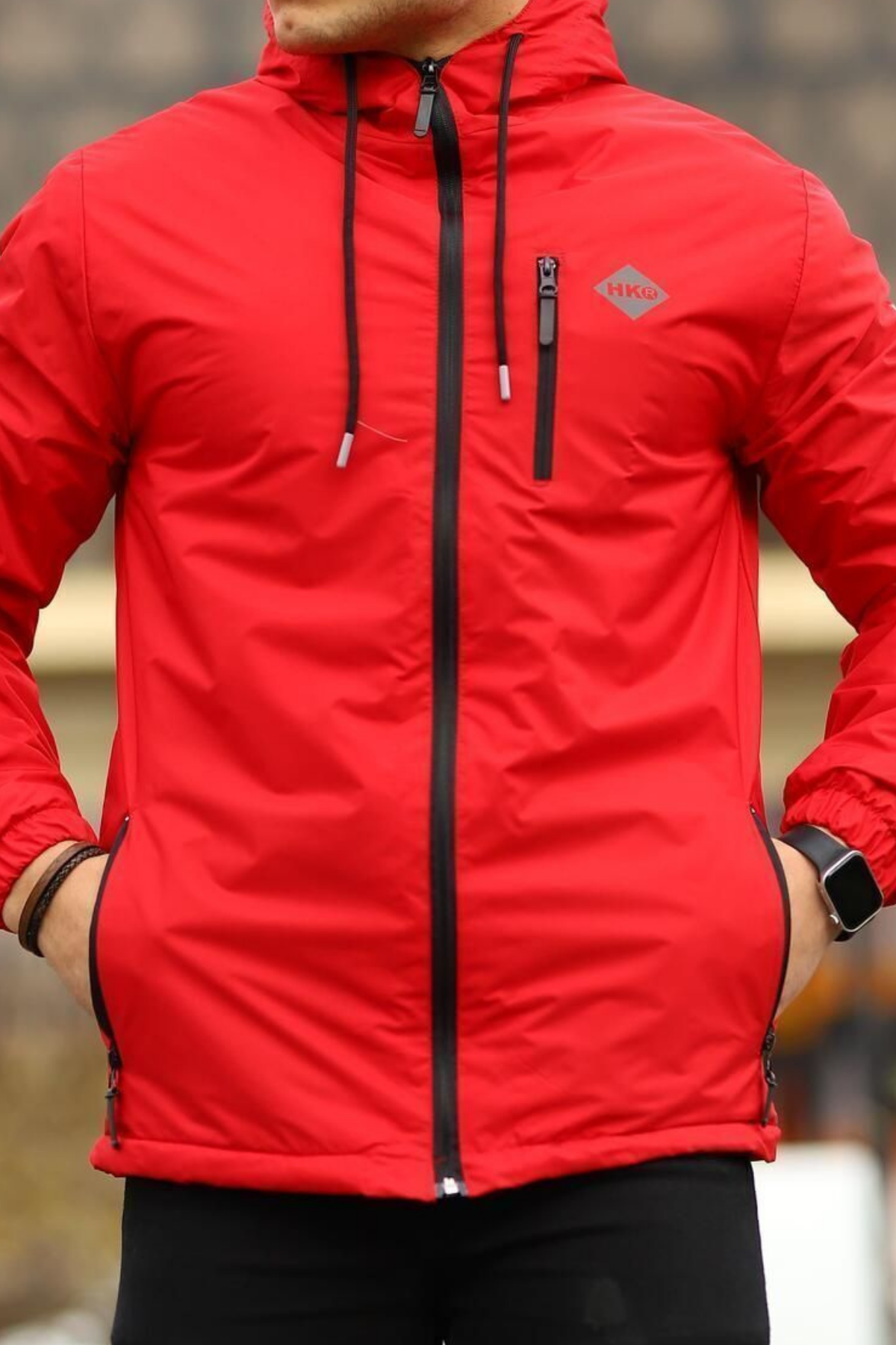 Erkek Dar Kırmızı İçi Peluş Kürk Rüzgarlık & Yağmurluk